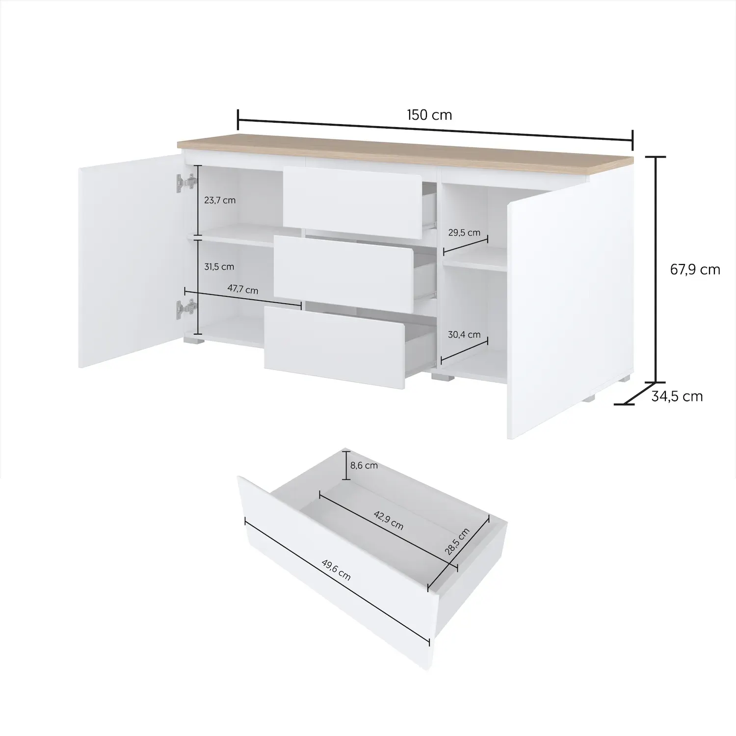 Komoda 2-drzwiowa z 3 szufladami MODO 150cm biały dąb mauvella - 247VOJ26
