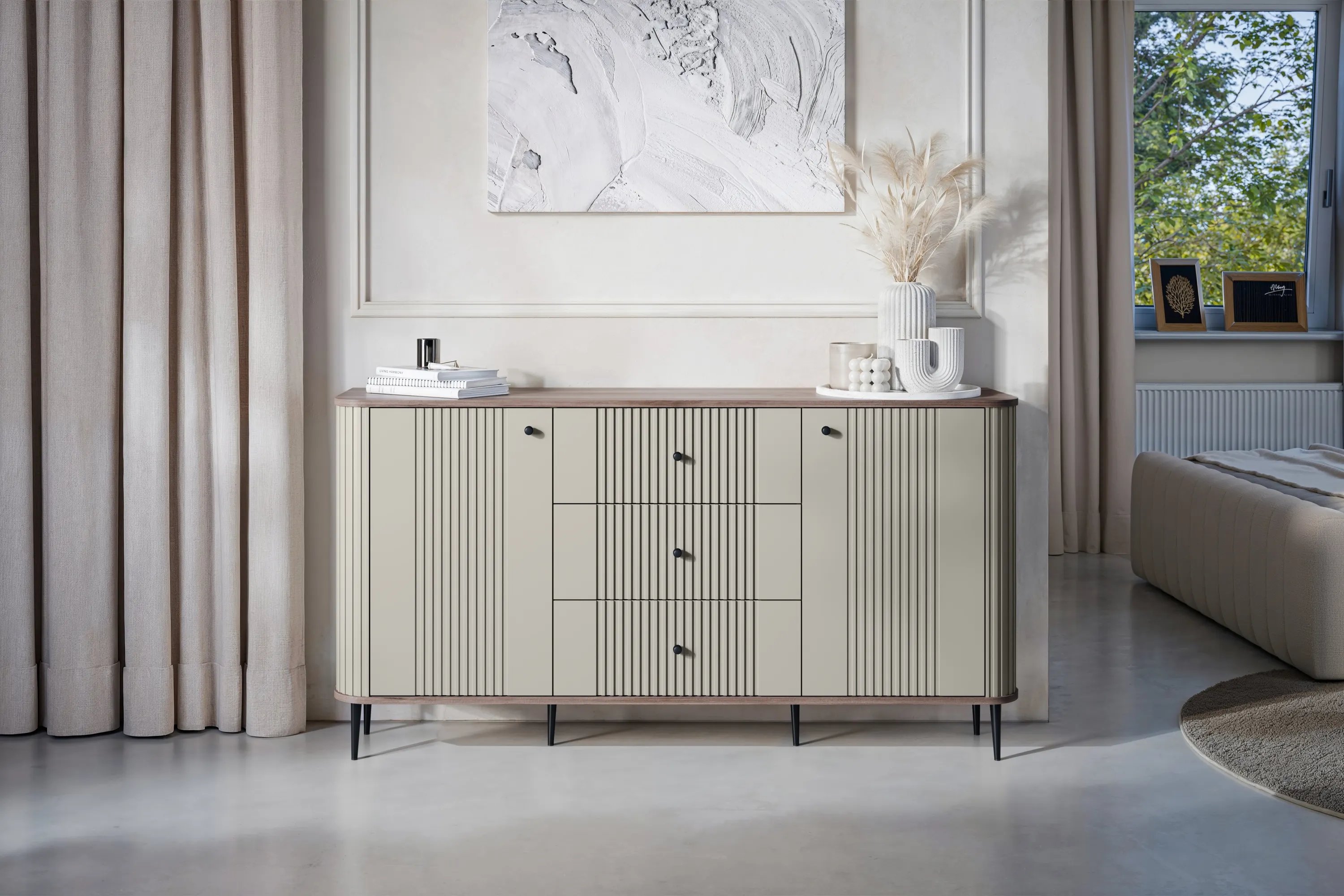 Komoda 2-drzwiowa z 3 szufladami VESPER 160 ryflowany front cashmere orzech czarne nogi - B_163604