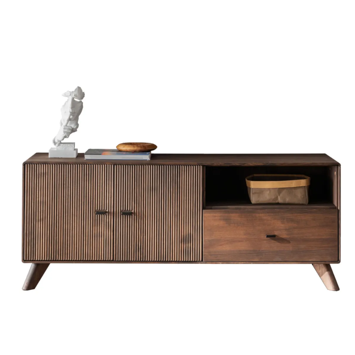 Szafka rtv bukowa ryflowana BLISS 141x57 z szufladą i półkami Meble, Kredens, Osoba