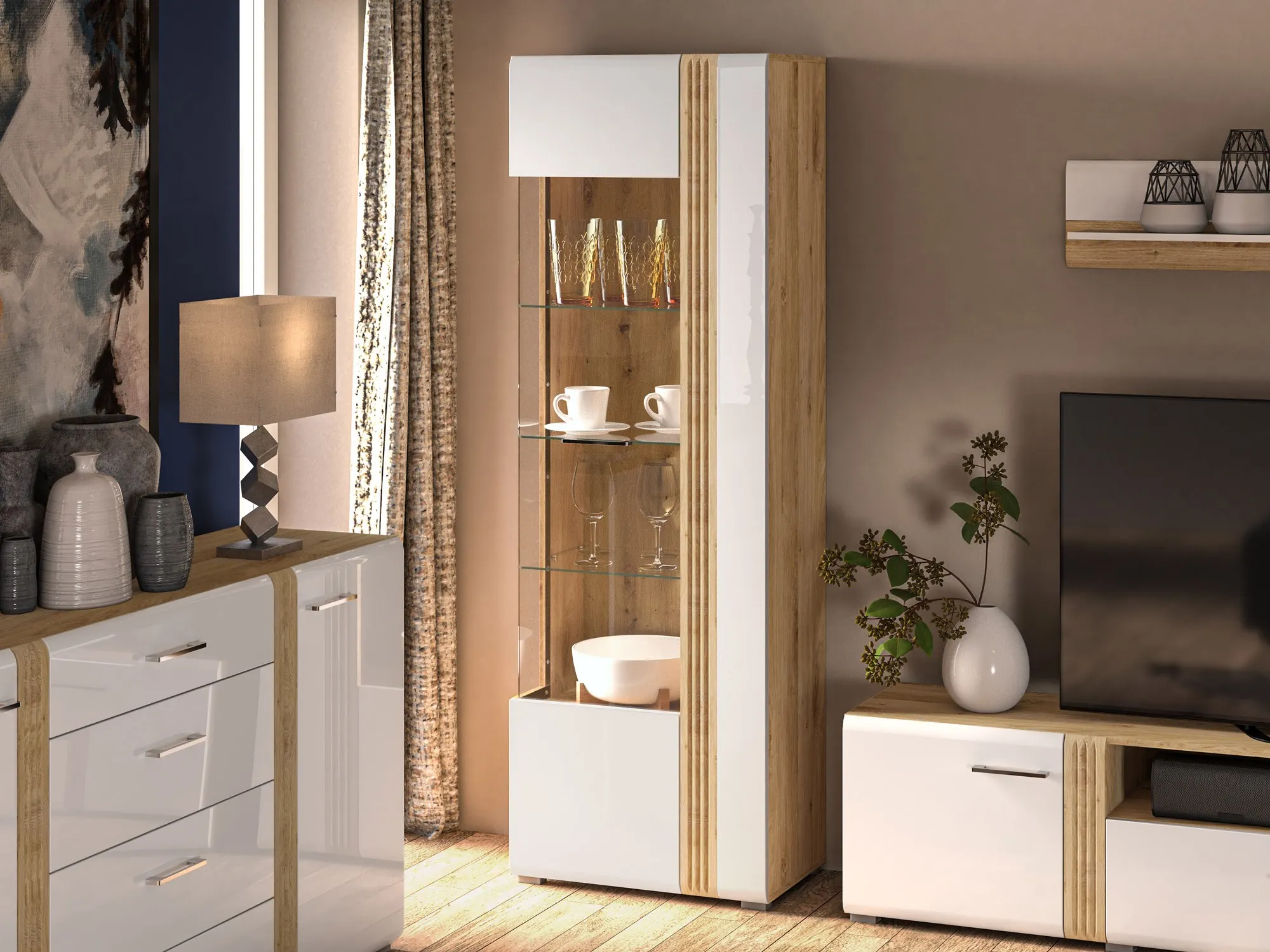 Witryna 1-drzwiowa ADAGIO 02 Lewa dąb castello, biały połysk - 1ADAG02L-001