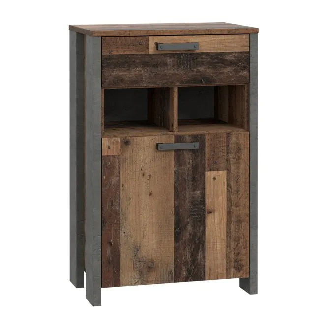Szafka na buty CLIF z szufladą, szafką i wnękami - old wood vintage, beton Meble, Kredens, Szafka, Drewno
