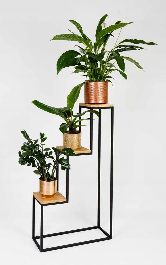 Kwietnik stojący 3-poziomowy NICEA L metal drewno czarny naturalny - LD_TZ000050