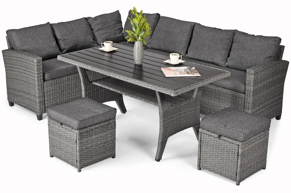 Zestaw ogrodowy z technorattanu SZTOKHOLM PLUS narożnik 180x235 cm + stół 74x144 cm + 2 pufy - grafitowy - FE5906480910592