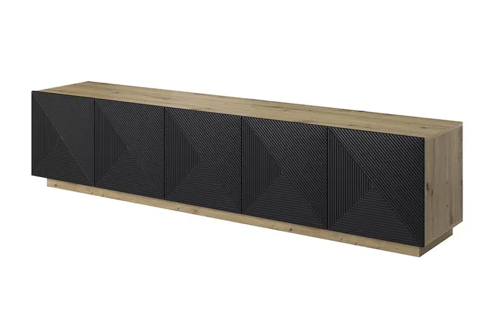 Szafka RTV ASHA 200 5D - czarny mat - dąb artisan - ryflowany front - cokół
