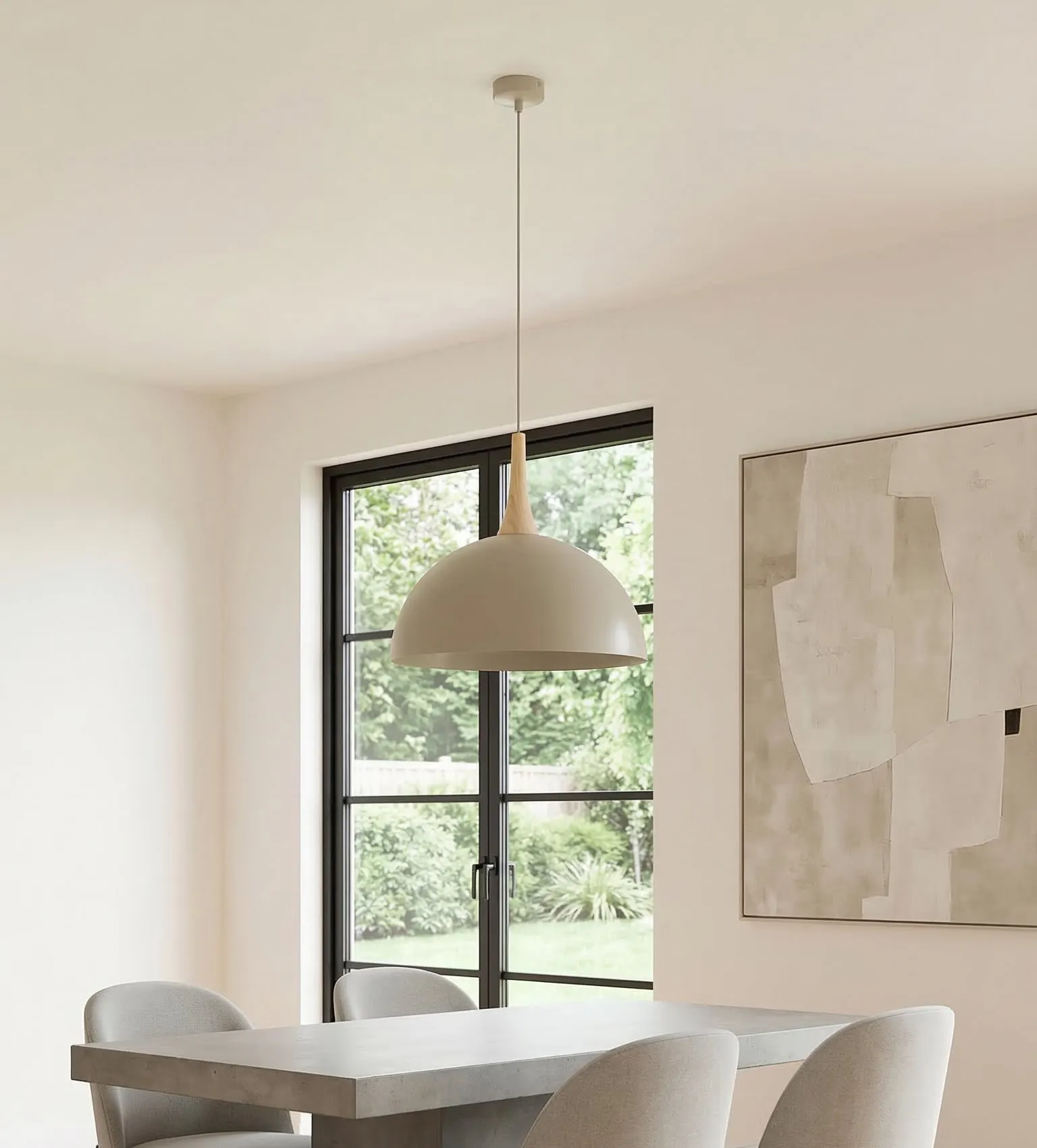 lampa wisząca, lampa sufitowa, stół betonowy, jadalnia, krzesła tapicerowane
