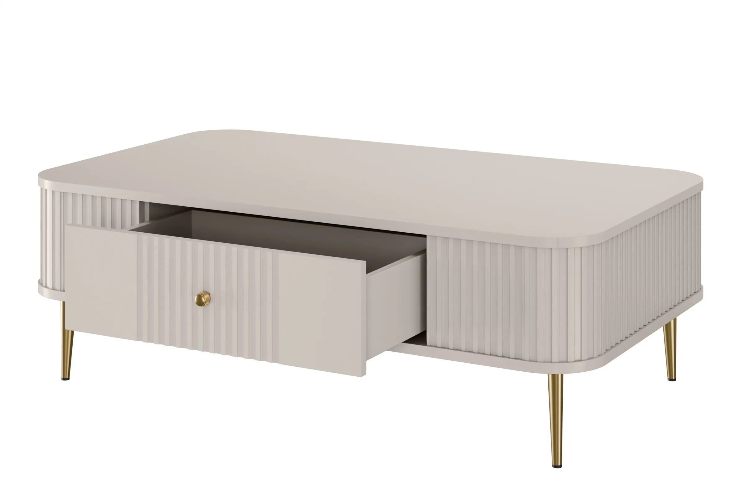 Stolik kawowy z szufladą VESPER 103 ryflowany front cashmere złote nogi - B_163798