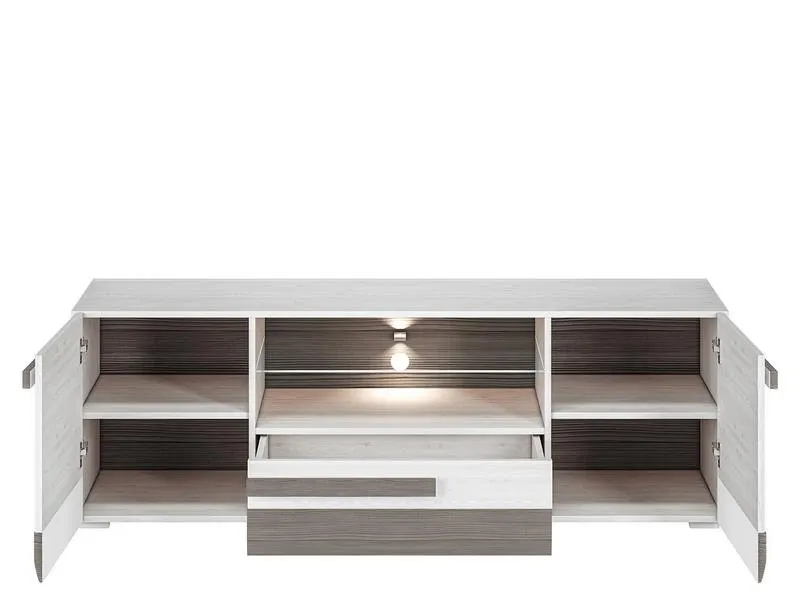 Szafka RTV 2-drzwiowa ze szklaną półką i szufladą Blanco 09 sosna śnieżna 165 cm - 1BLAN0901-001