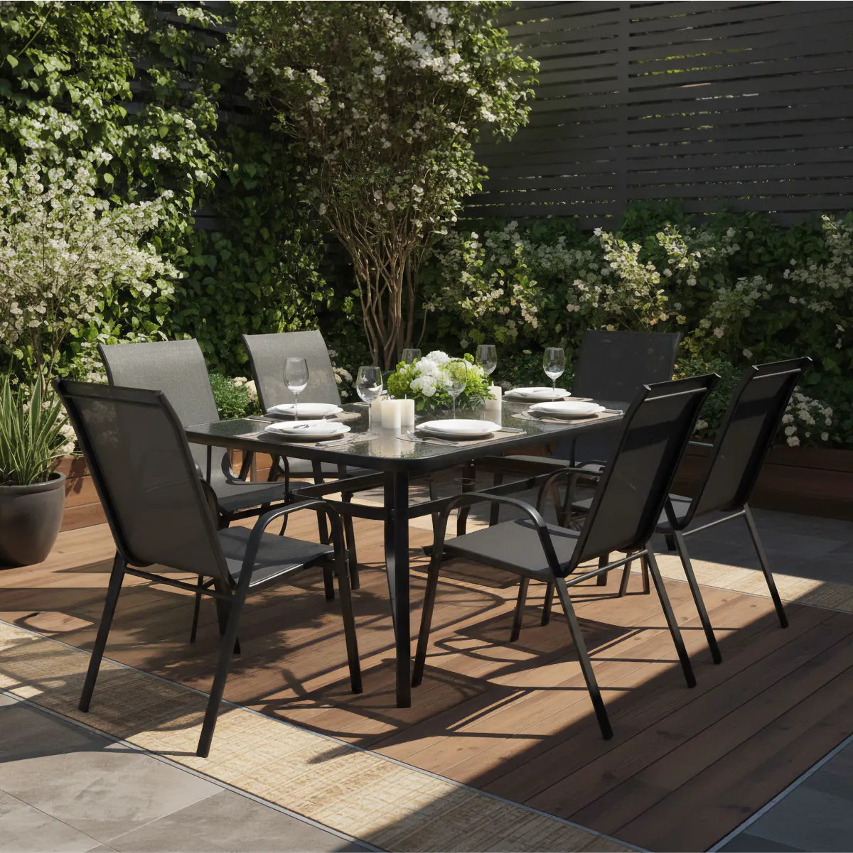 image stół ogrodowy, krzesła ogrodowe, metalowy blat, glass top, zestaw do jadalni na zewnątrz