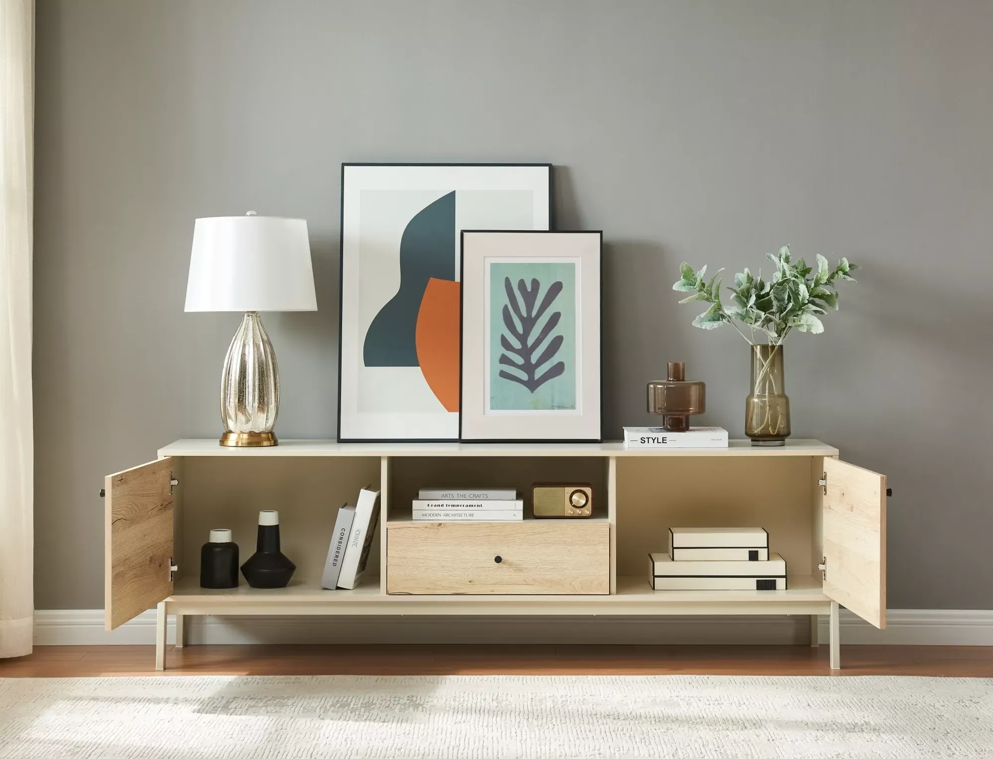 Szafka RTV FROST RTV1 z szufladą i półkami 180 cm dąb alpejski/złamana biel - FROSTRTV1