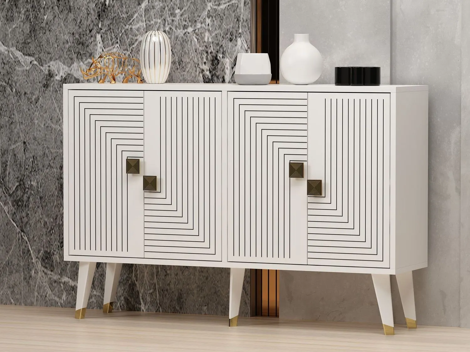 Komoda 4-drzwiowa z geometrycznym zdobieniem AHART 120x30 cm biało-złote nóżki - ASI_327ODS1225