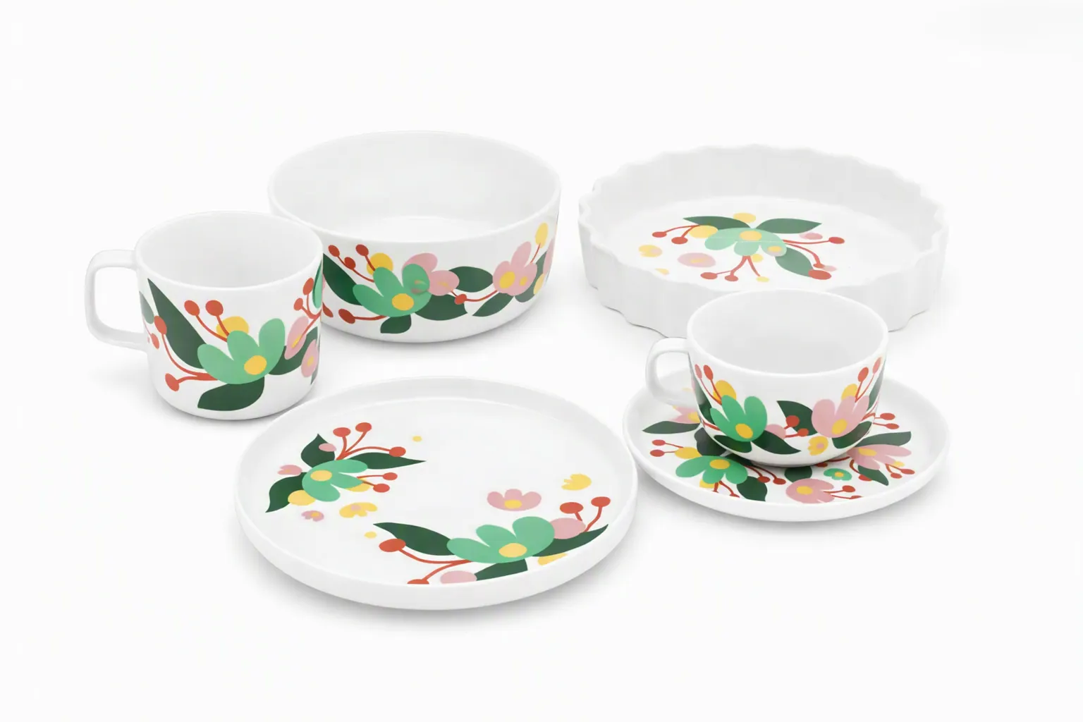 ceramic set, coffee cup, saucer, plate, floral pattern