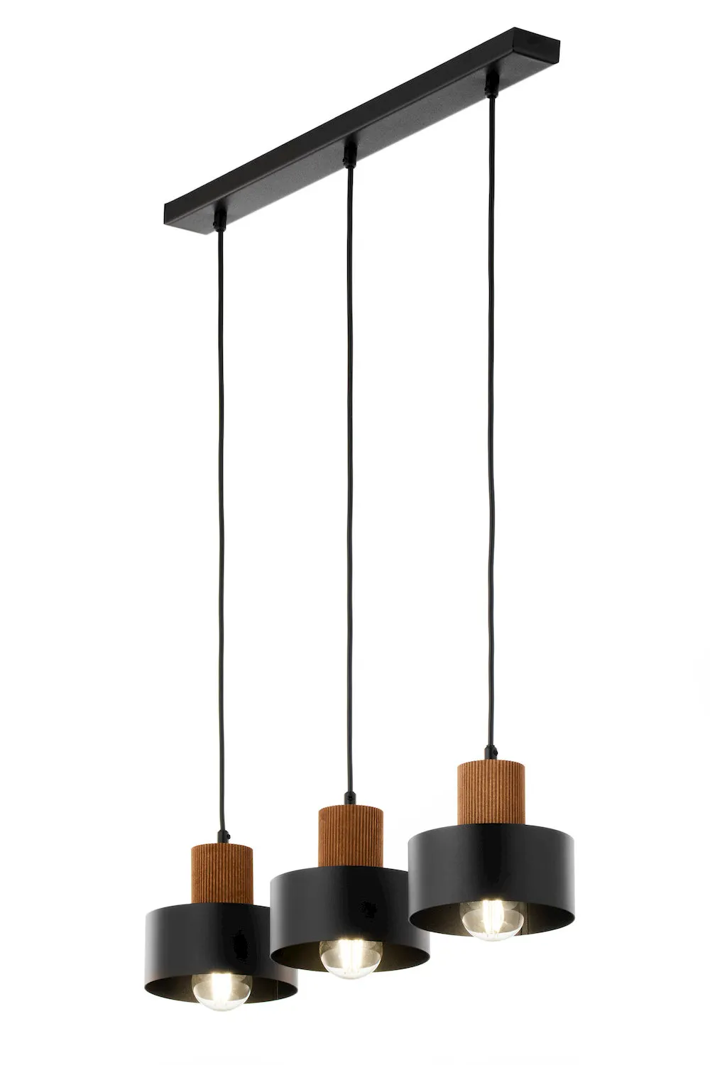 lampa wisząca, trzy źródła światła, czarne metal, akcenty miedziane, oprawa sufitowa