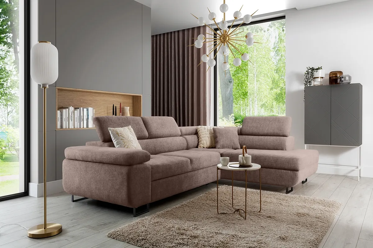 Narożnik prawostronny ANNABELLE L regulowane zagłówki nogi czarne tkanina Vogue 4 brązowy - B_165794