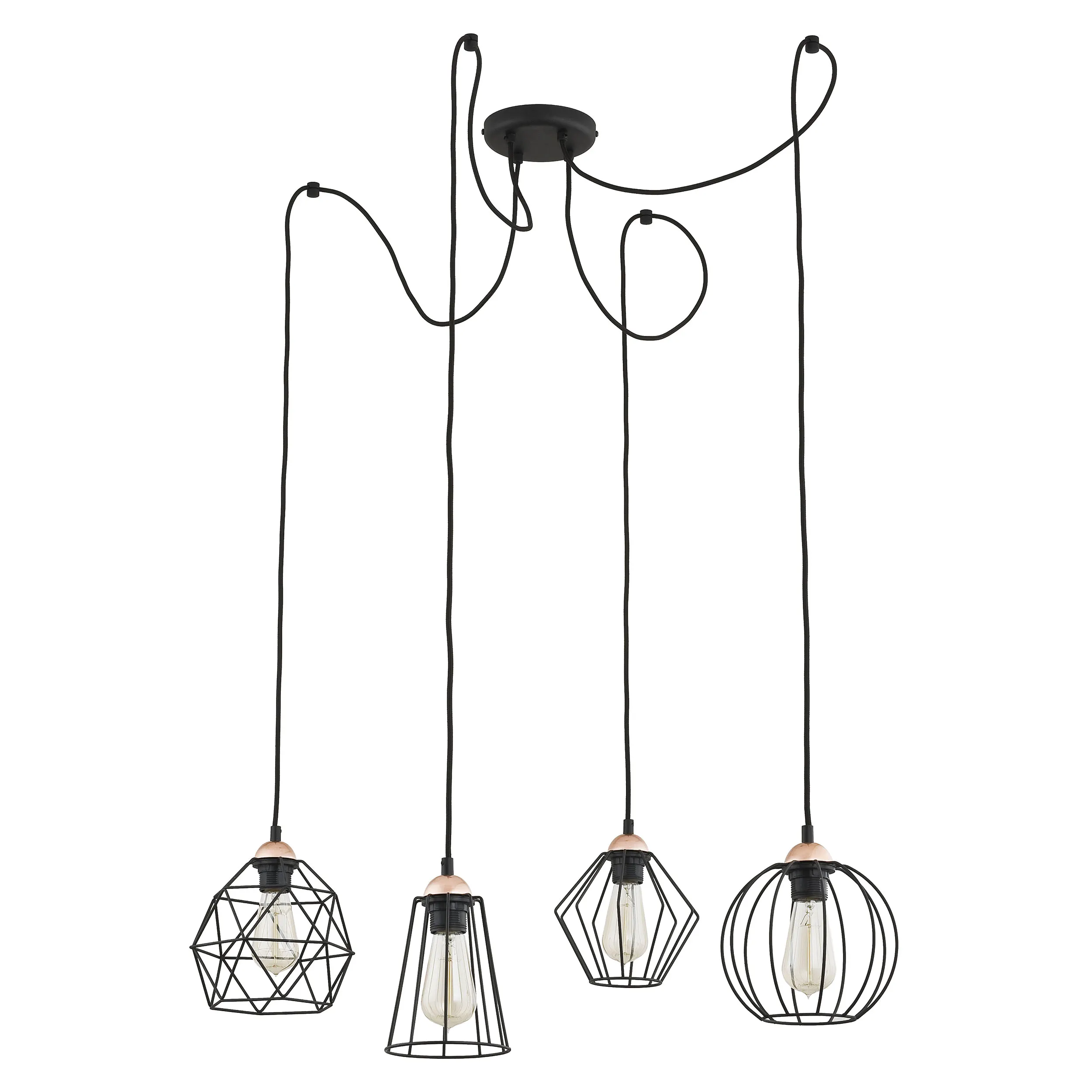 Lampa wisząca GALAXY pająk z podporami czarna ze złotymi elementami klosze w różnych kształtach 130x70cm