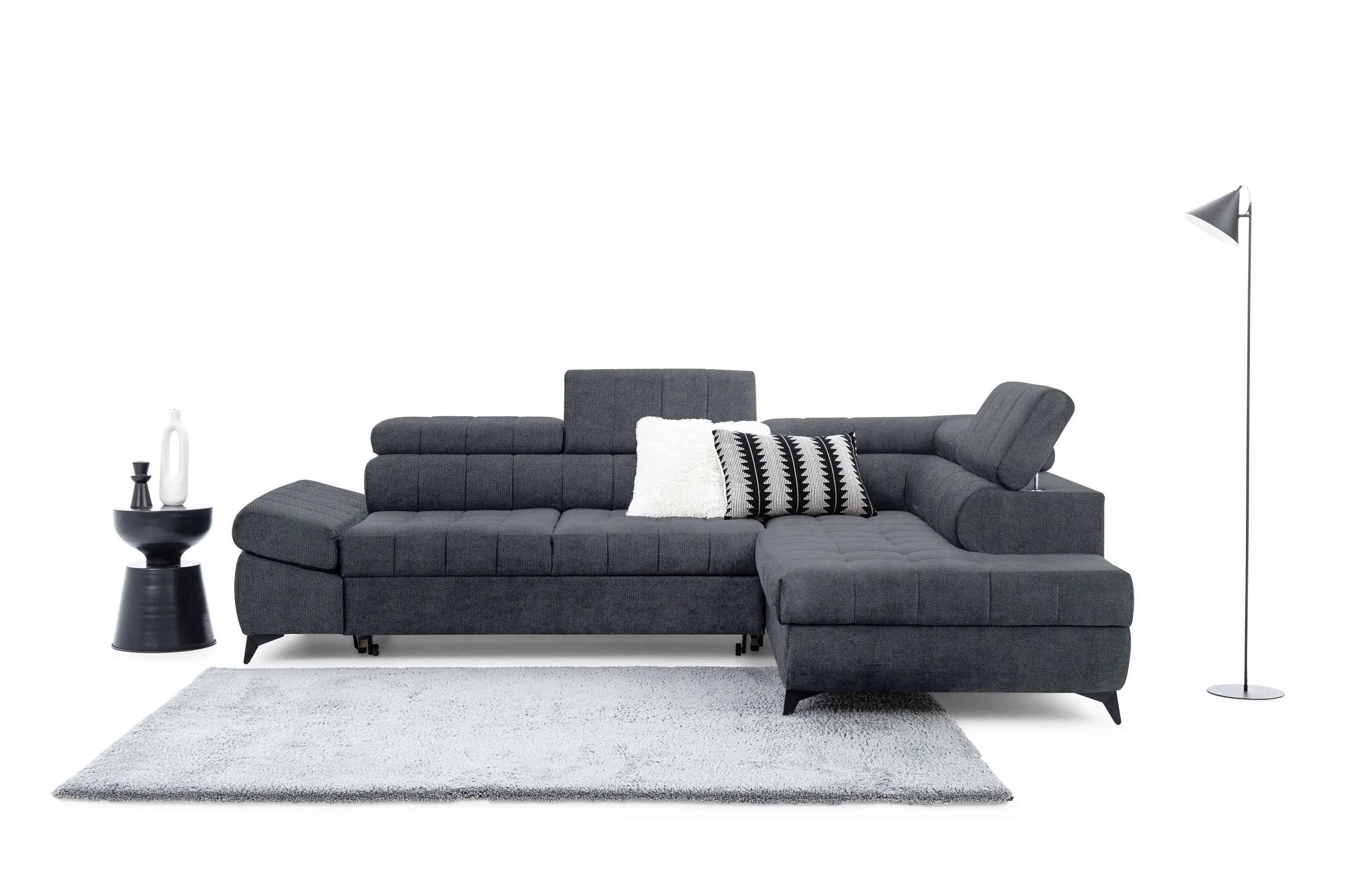 Narożnik prawostronny VALORIS L regulowane zagłówki i podłokietniki tkanina Perfect Harmony 90 grafitowy - B_162927