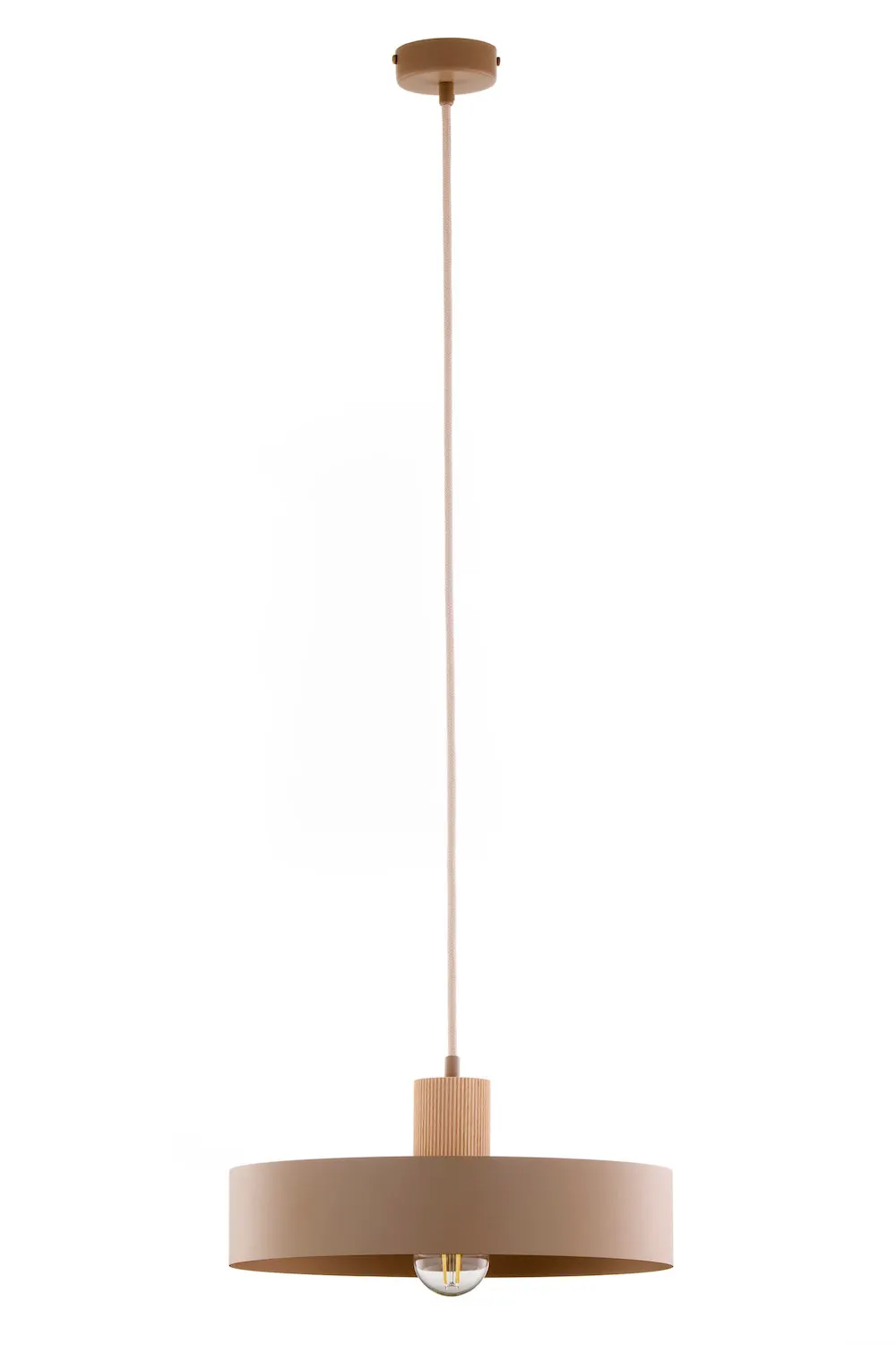 image lampa wisząca, korpus beżowy, drewniana oprawa, żarówka LED, okrągła lampa