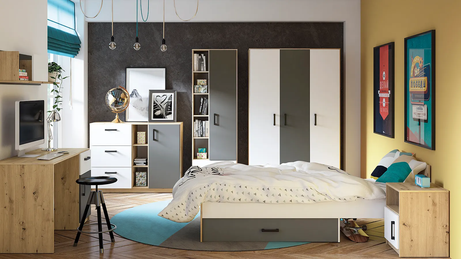 Półka wisząca z przegrodą FINI 10 biały, antracyt, dąb artisan 116 cm — zdjęcie 8