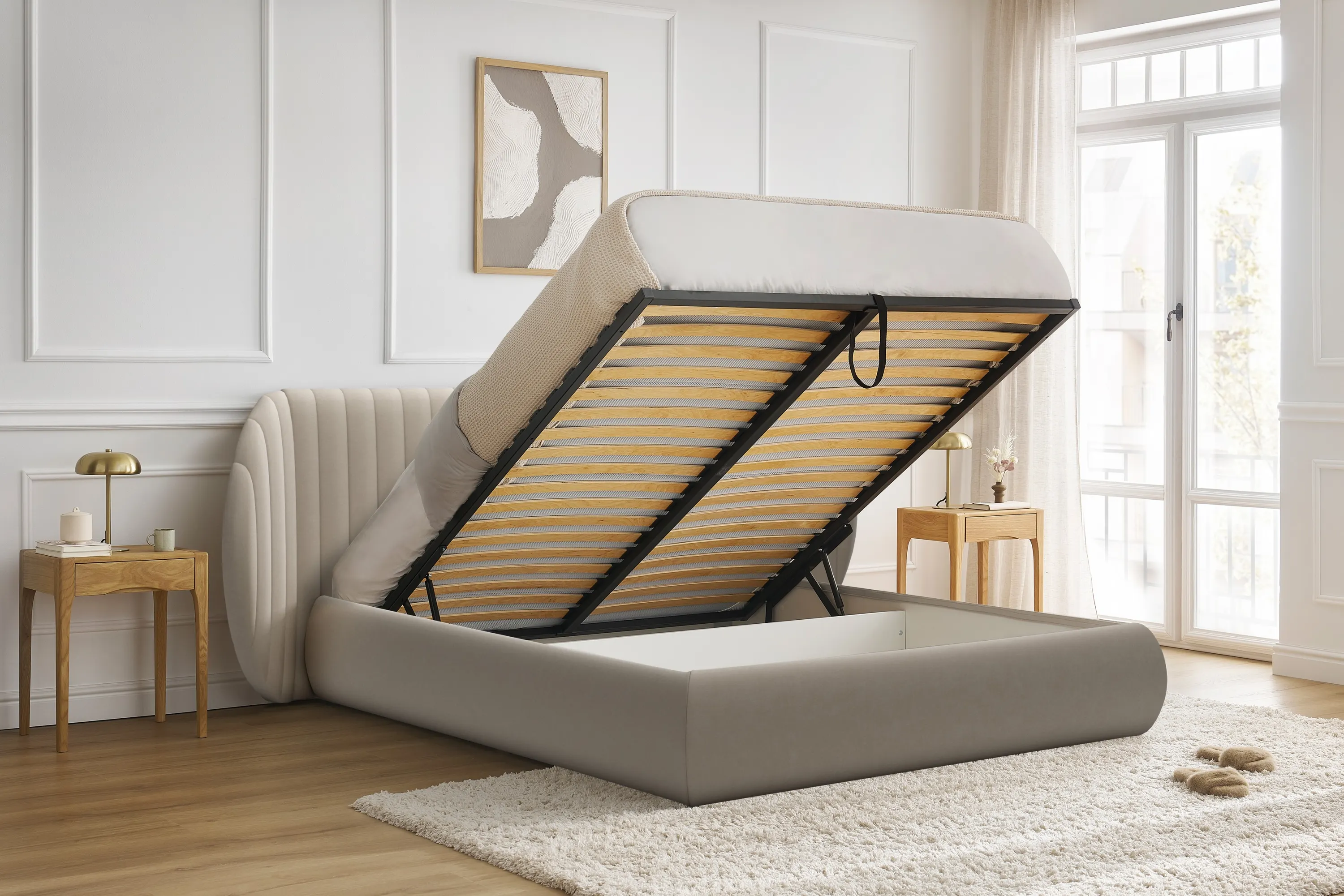 Łóżko Galin z pojemnikiem / 180x200 / Velluto 2 - kremowy - B_158506