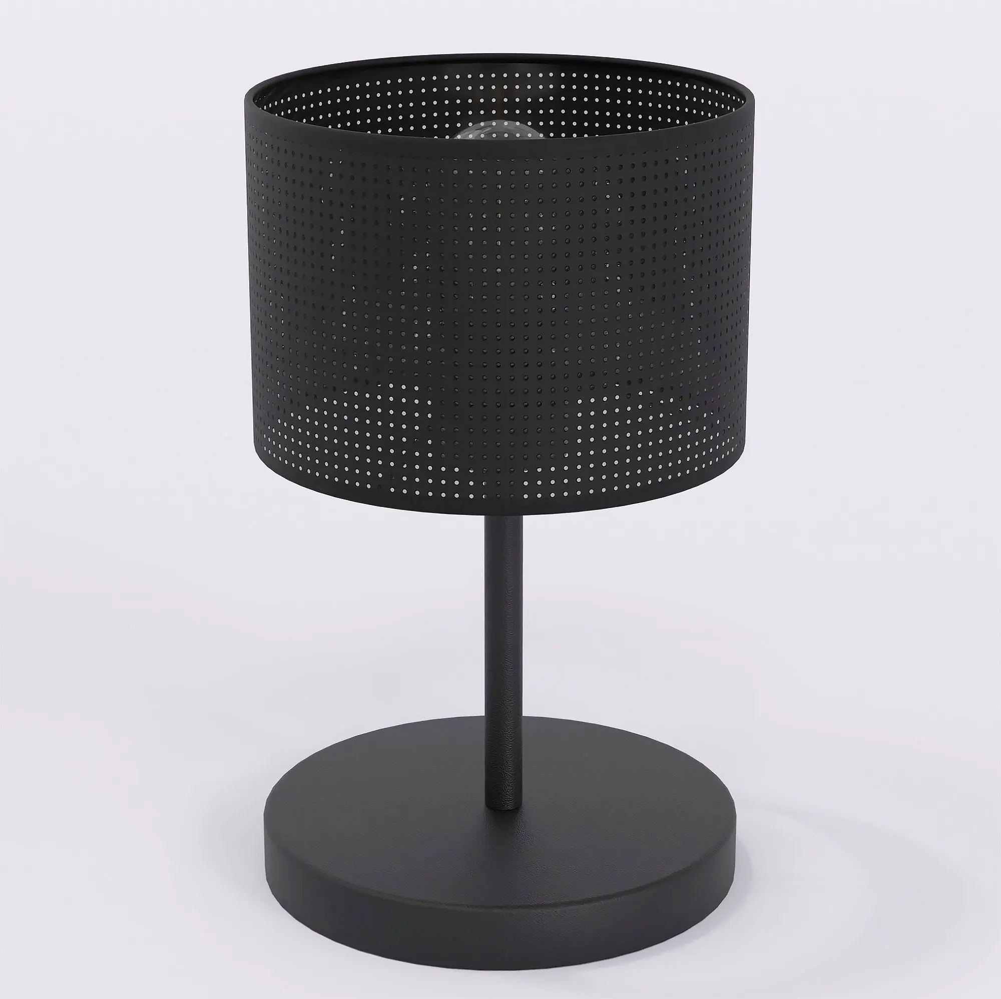 lampa stołowa, metalowa lampa, perforowana obudowa, czarna kolor, podstawa okrągła