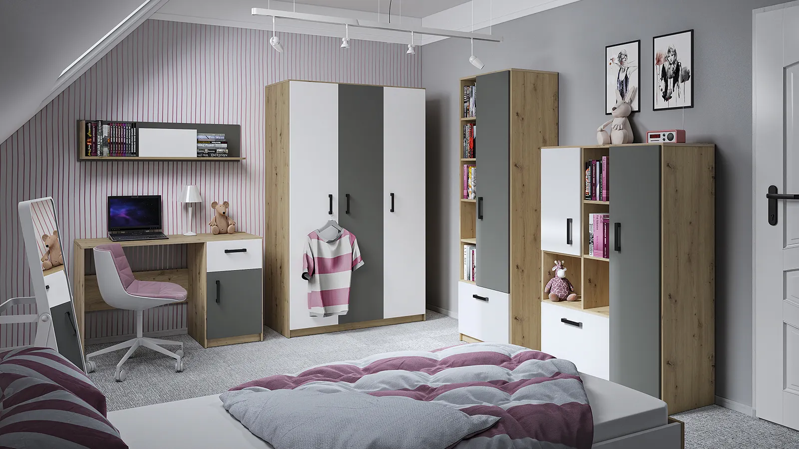 Szafa 3-drzwiowa FINI 02 biały, antracyt, dąb artisan - 1FINI02-001