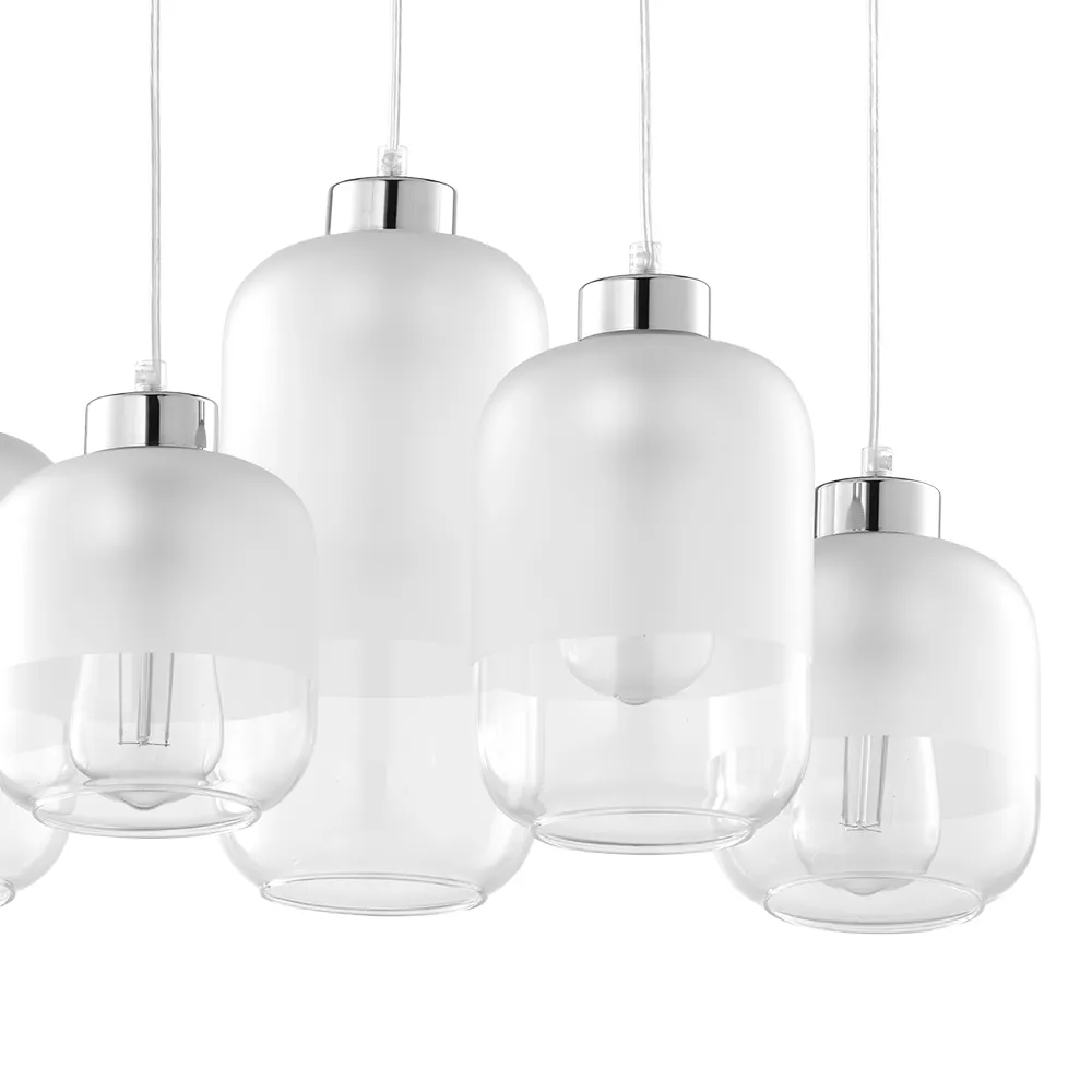 Lampa wisząca MARCO na białej podstawie z przeźroczystymi przewodami chromowane elementy klosze szklane o różnych wielkościach przeźroczysto mleczne 130x65x35cm - TK_3359
