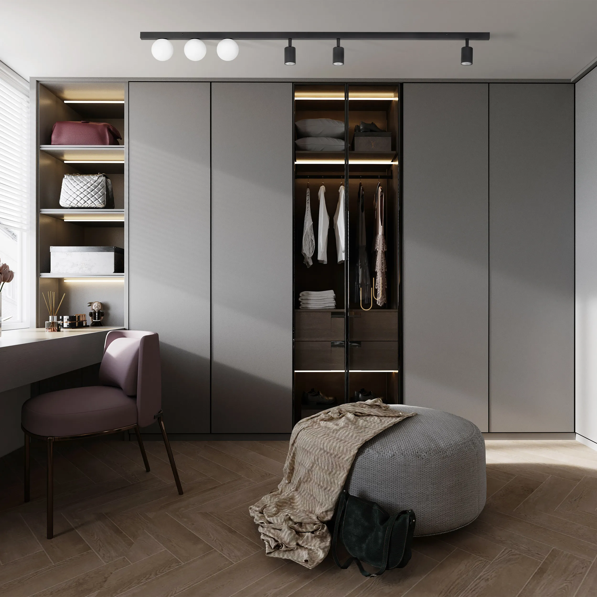 Lampa sufitowa VOX czarna z białymi okrągłymi kloszami na listwie regulowana 159x18x15cm - TK_10003