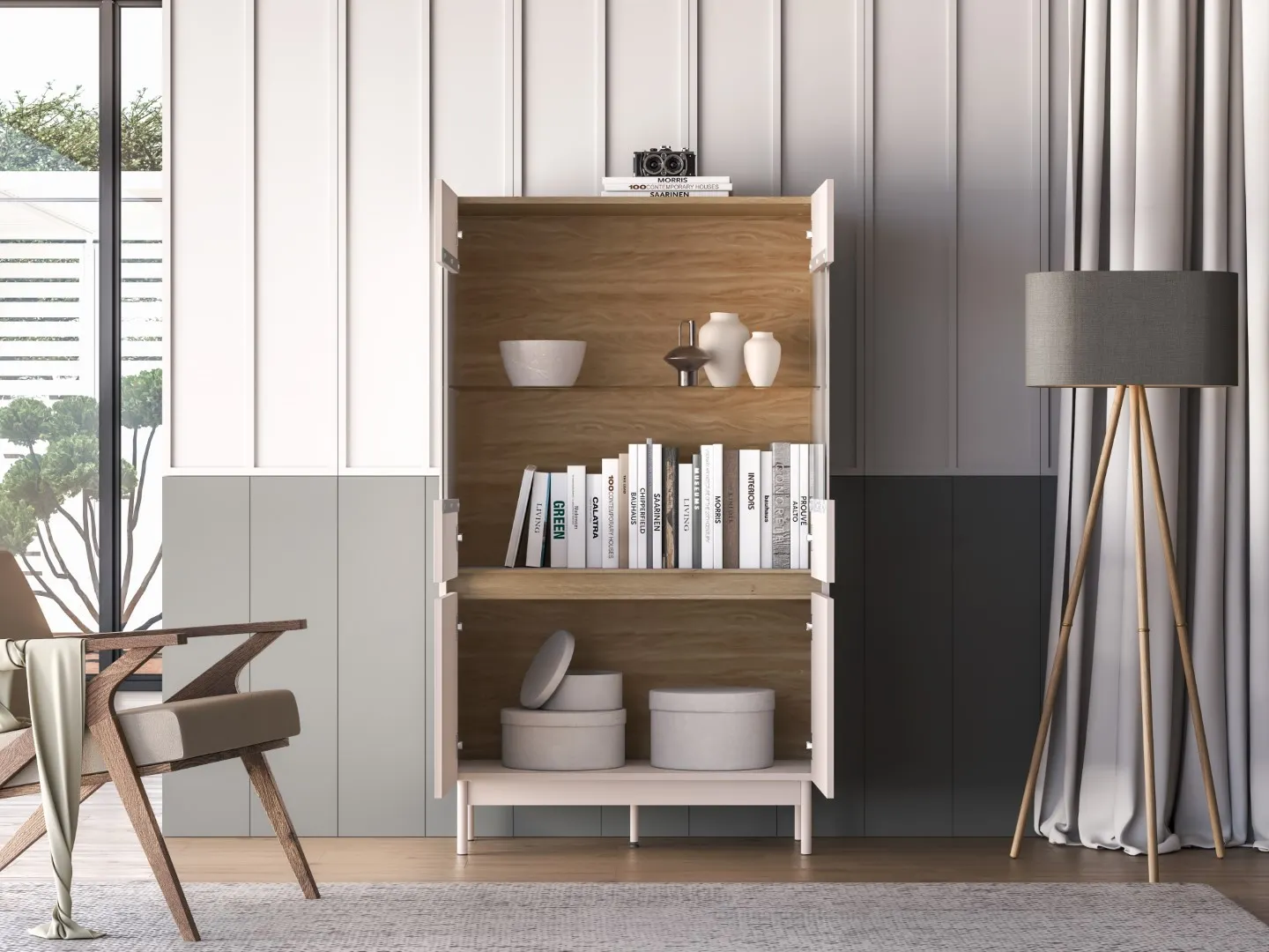 Witryna szklana 4-drzwiowa DUNEA 156x92 ryflowana kaszmir - dąb cremona - 1DUNE03-001