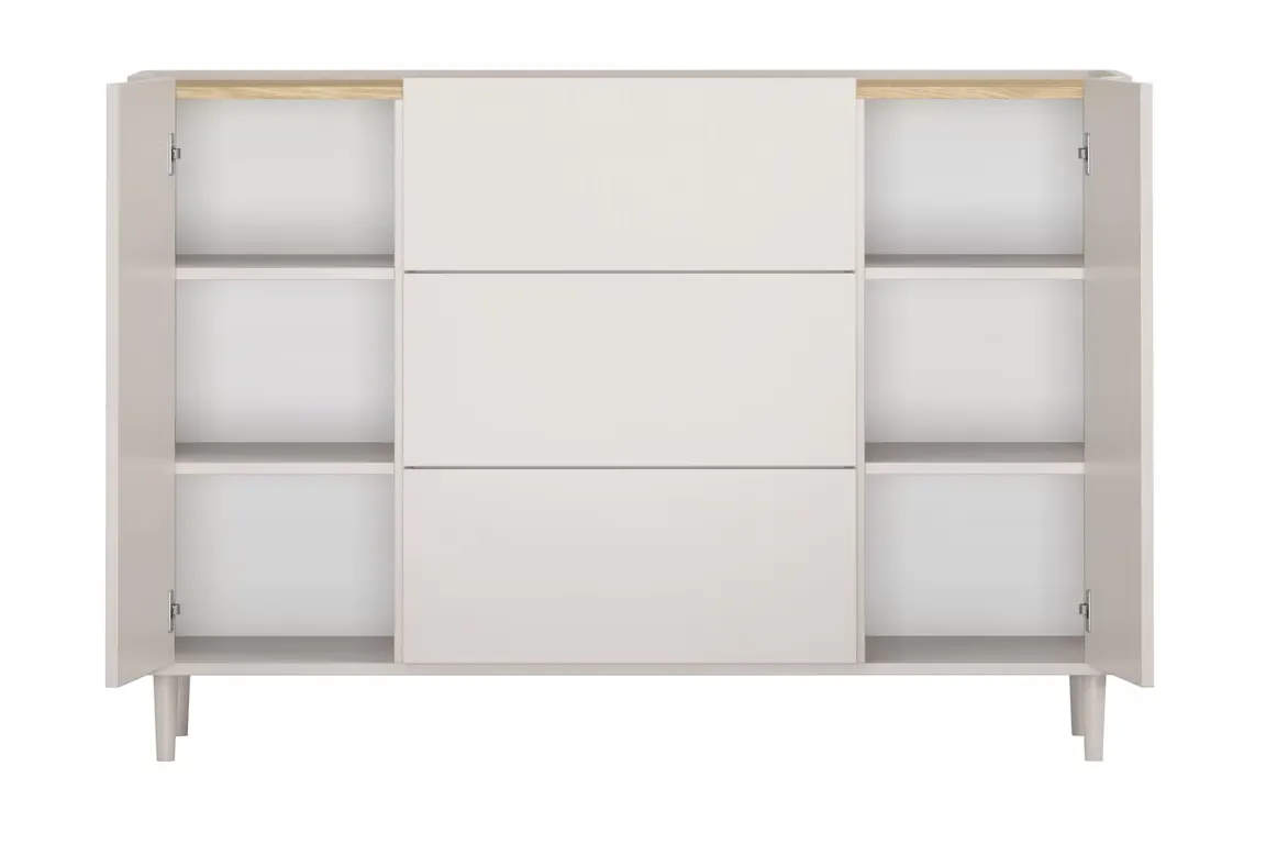 Komoda 2-drzwiowa z 3 szufladami ELIVO 150cm drewniane nóżki cashmere dąb olejowany — zdjęcie 3
