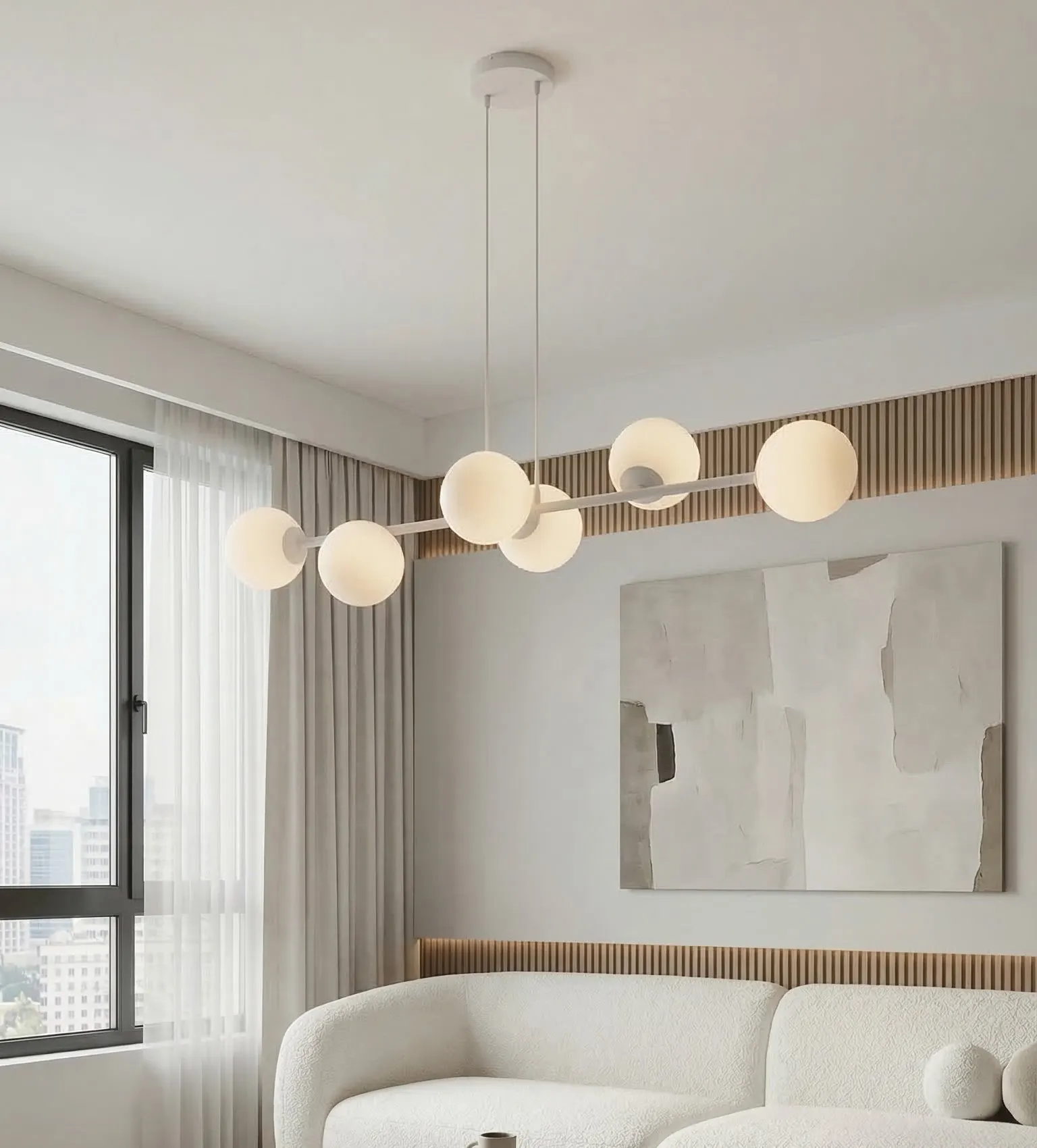 image lampa wisząca, globusy, kule świetlne, sofa kremowy, obrazy abstrakcyjne