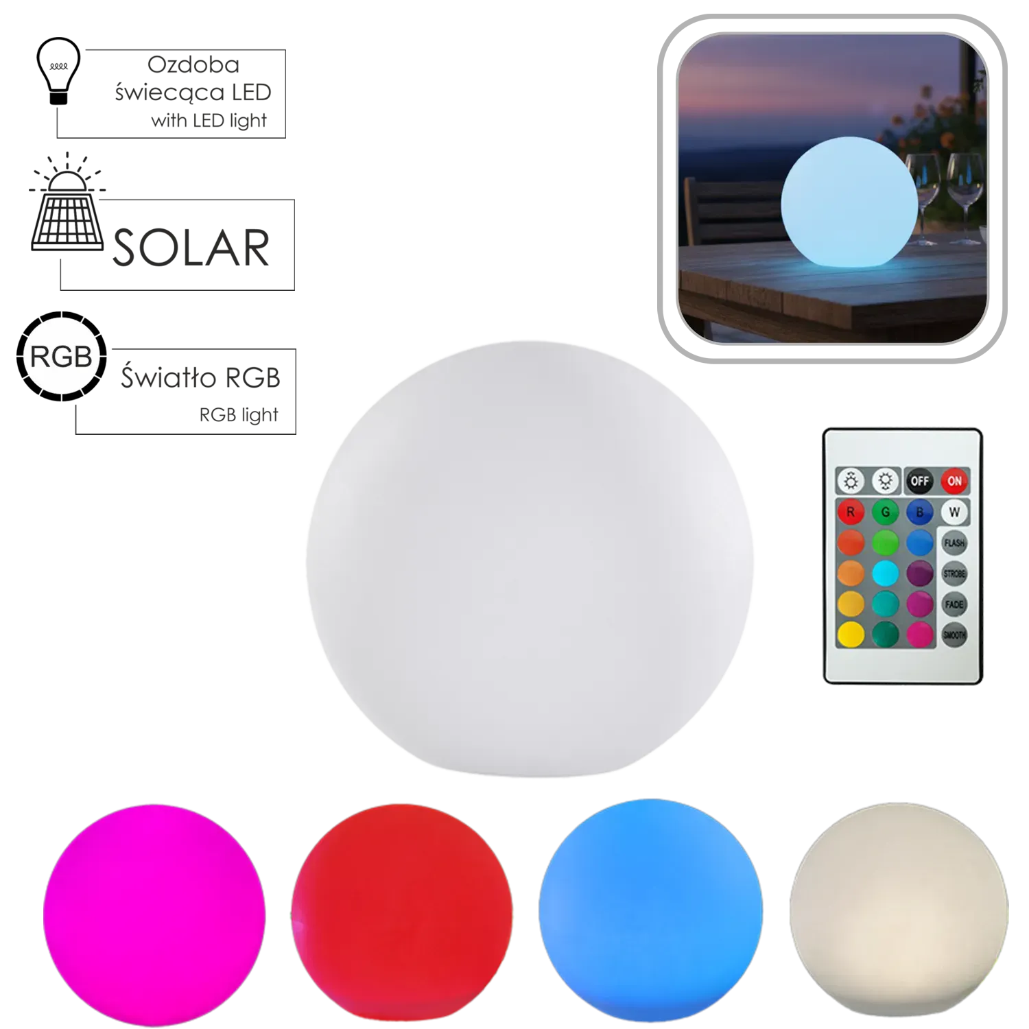 Lampa solarna KULA BIAŁA 40x40x38 cm MULTIKOLOR z pilotem