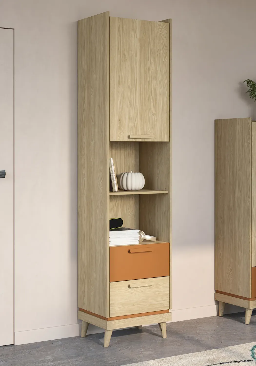 Regał 1-drzwiowy z 2 szufladami SCANDI 88 dąb olejowany ceglany - 24D5OH88