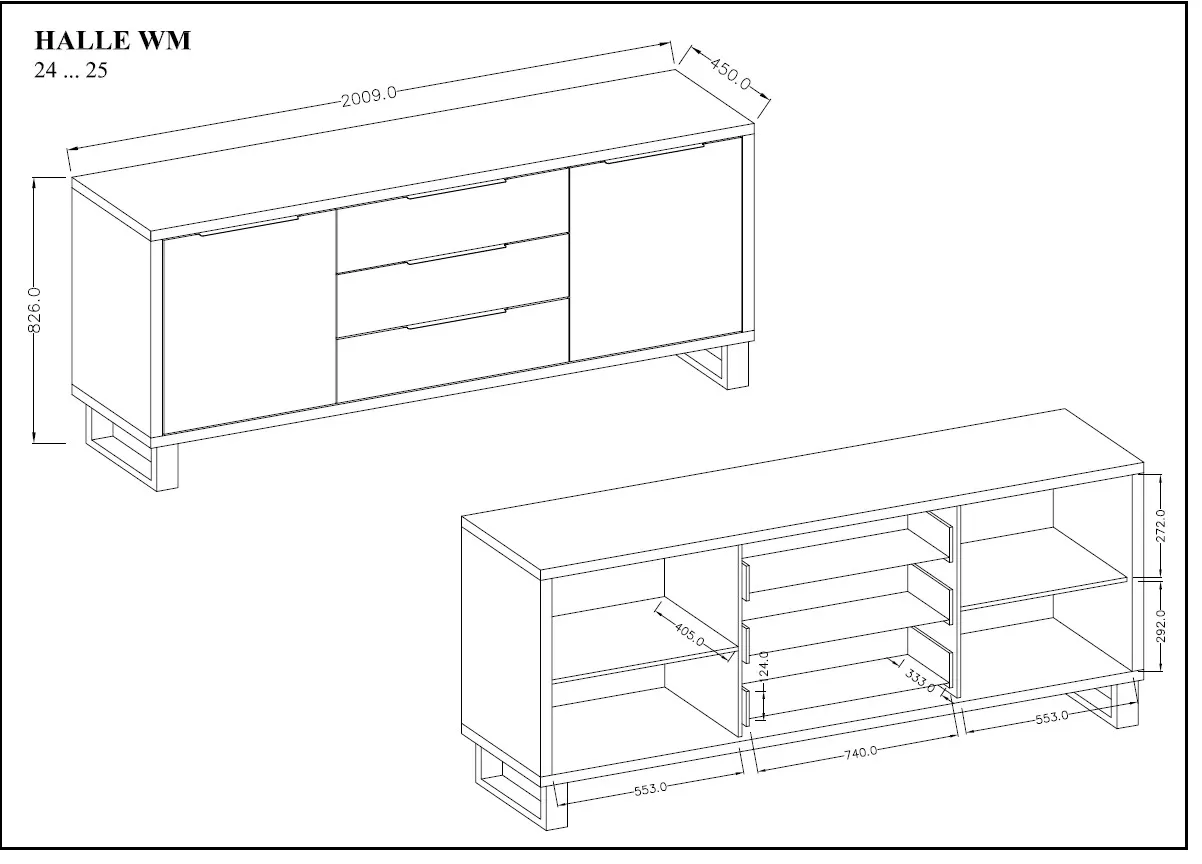 Komoda 2-drzwiowa z szufladami HALLE 201x83 dąb Wotan - 24N0HK25