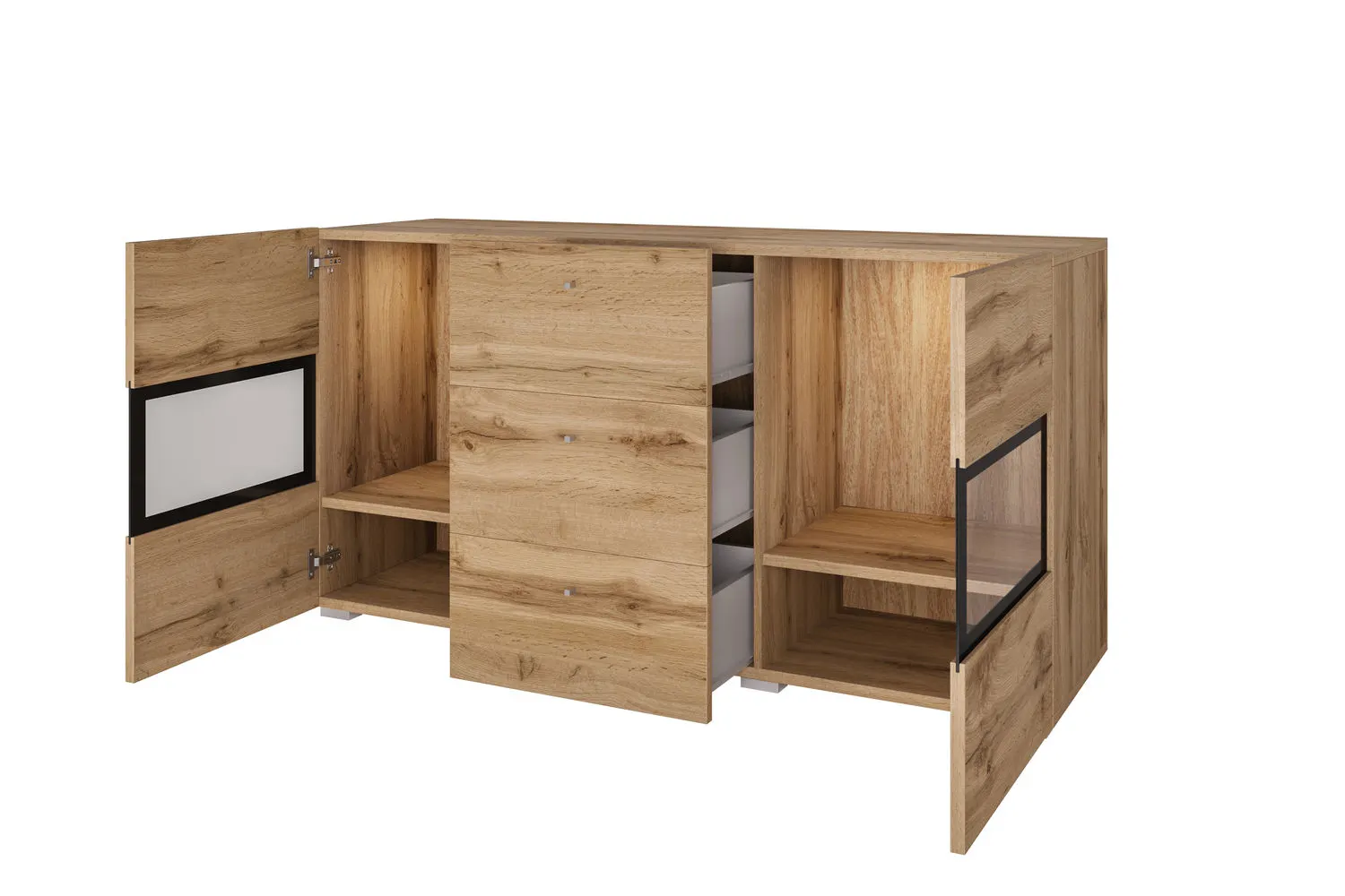 Komoda 2-drzwiowa z szufladami BAROS szklana dąb wotan - 24N0BM26