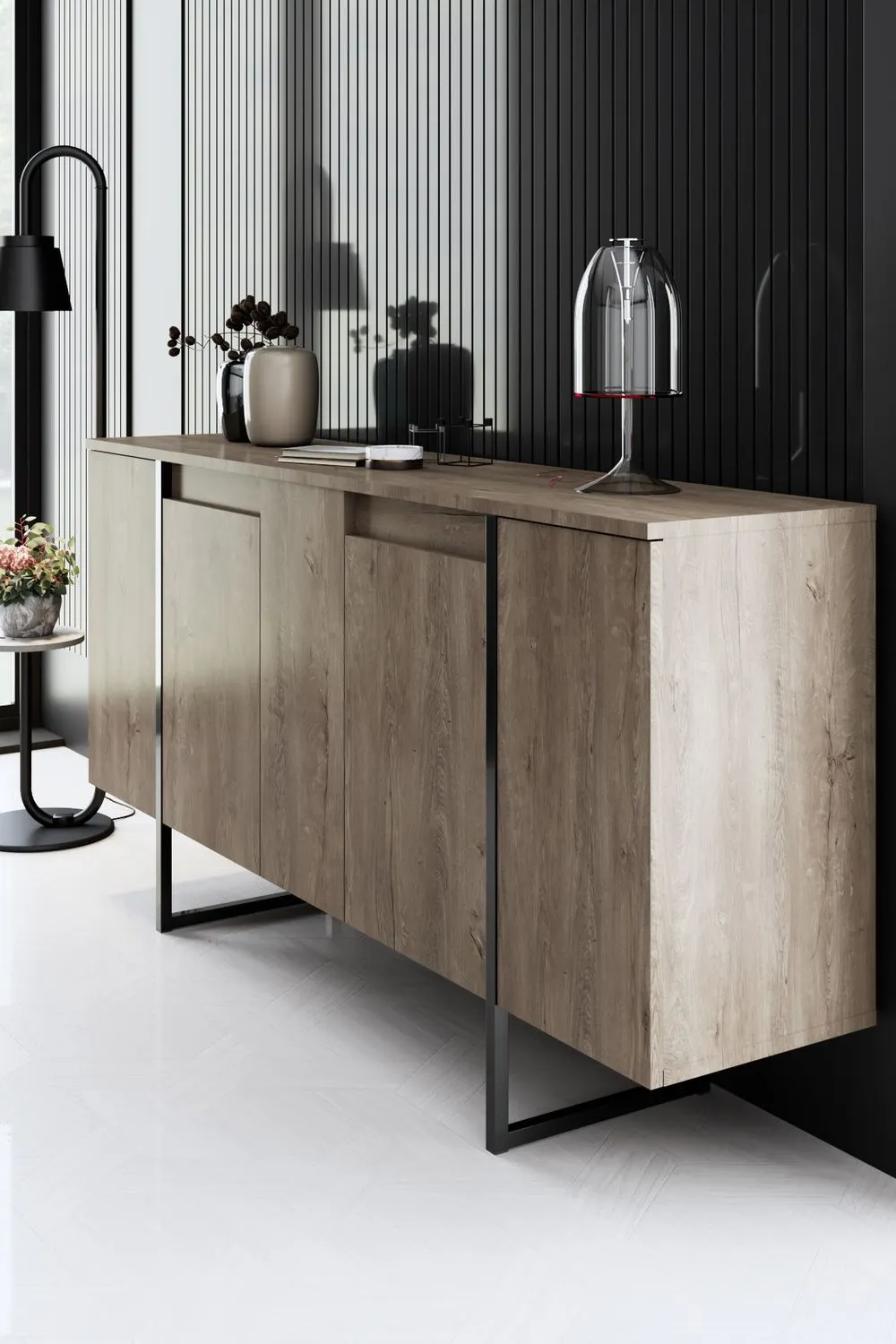 Komoda drewniana 4-drzwiowa LUXE 160 cm kolor orzechowy czarny stelaż — zdjęcie 7