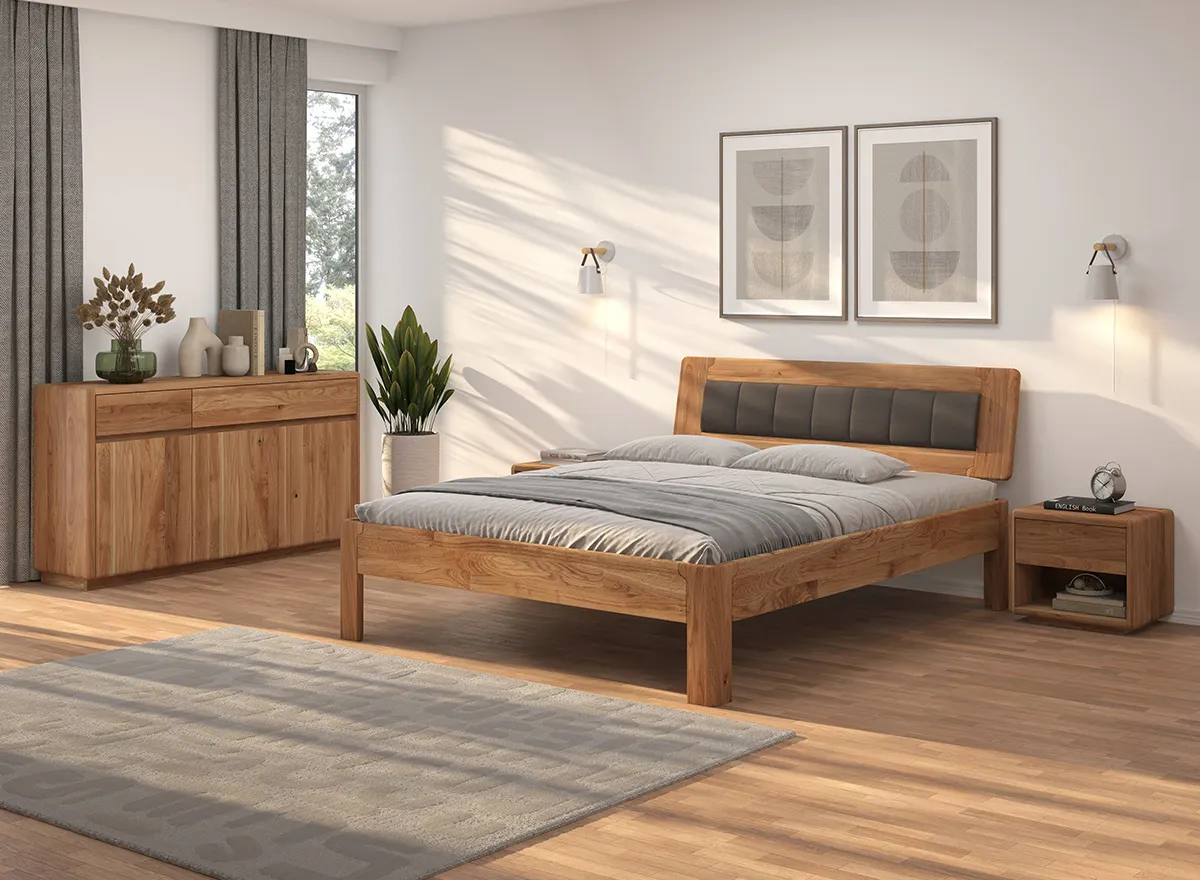 Łóżko dębowe z pikowanym zagłówkiem LIVO Dębowy Sen 180x200 dąb olejowany grafitowy - ZILIV_180