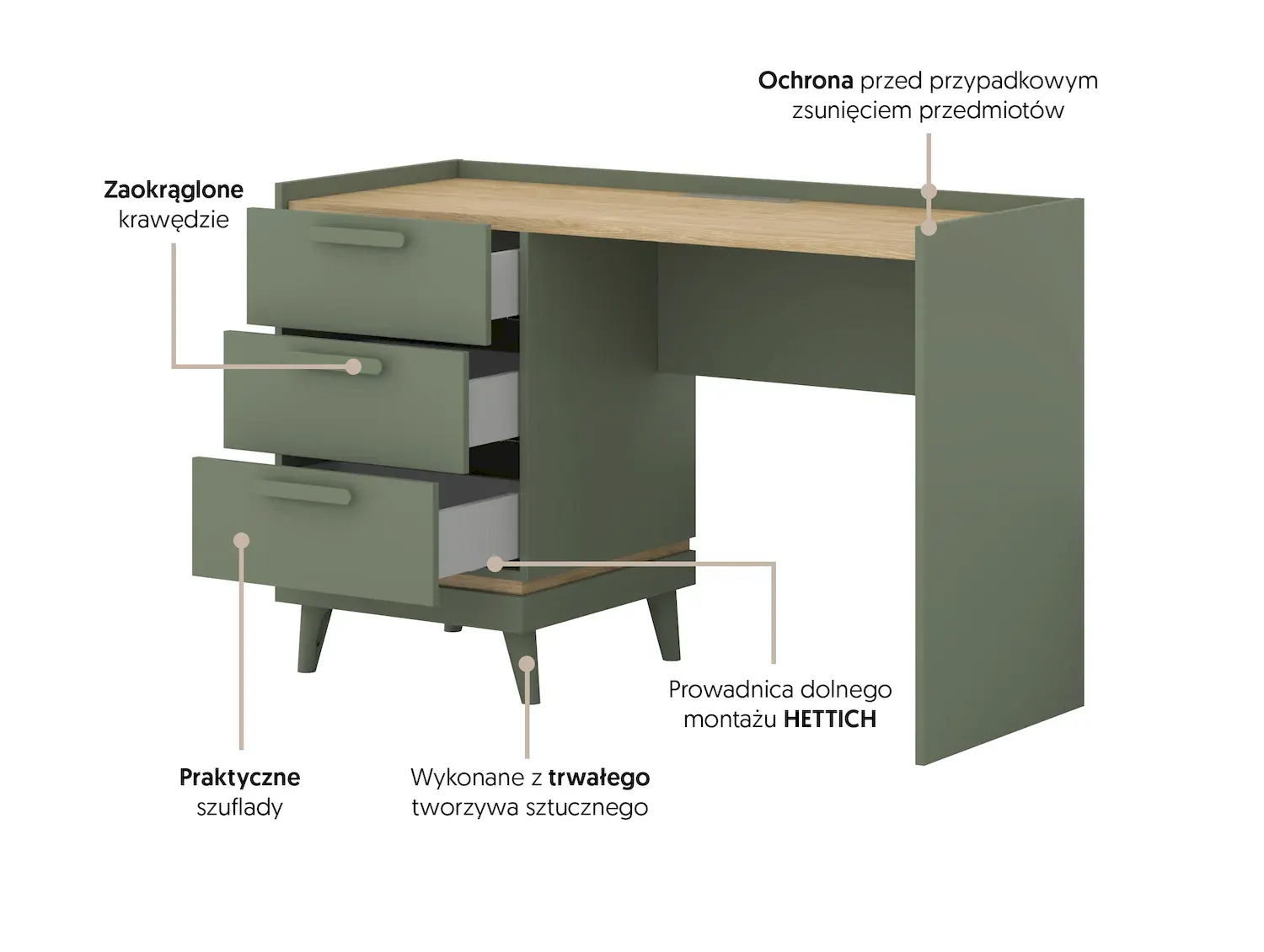 Biurko z 3 szufladami SCANDI 03 zielony-dąb olejowany - 24GDOH03