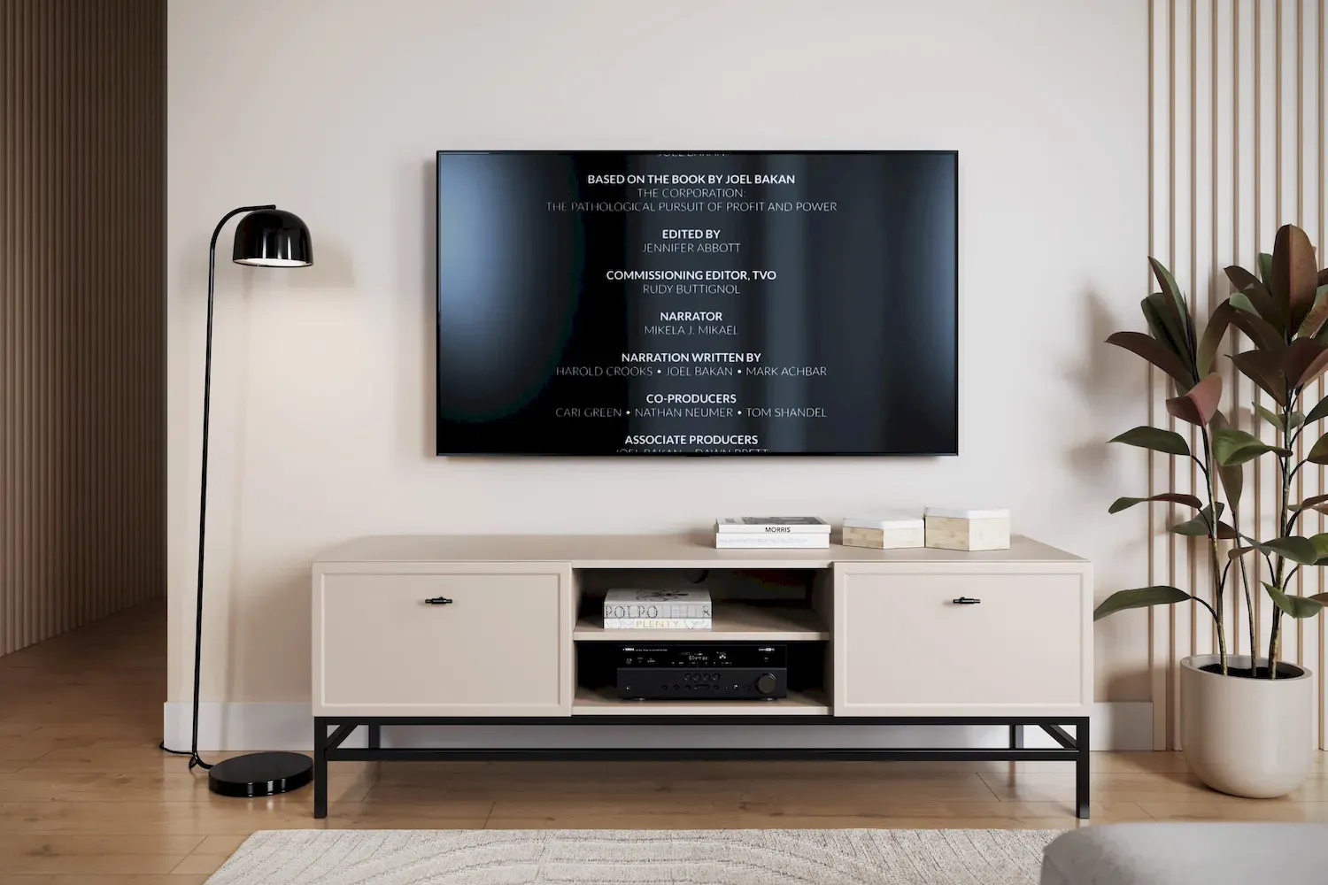 Szafka RTV z 2 szufladami LORINI 150 - cashmere uchwyt T-bar czarny stelaż czarny - B_166818