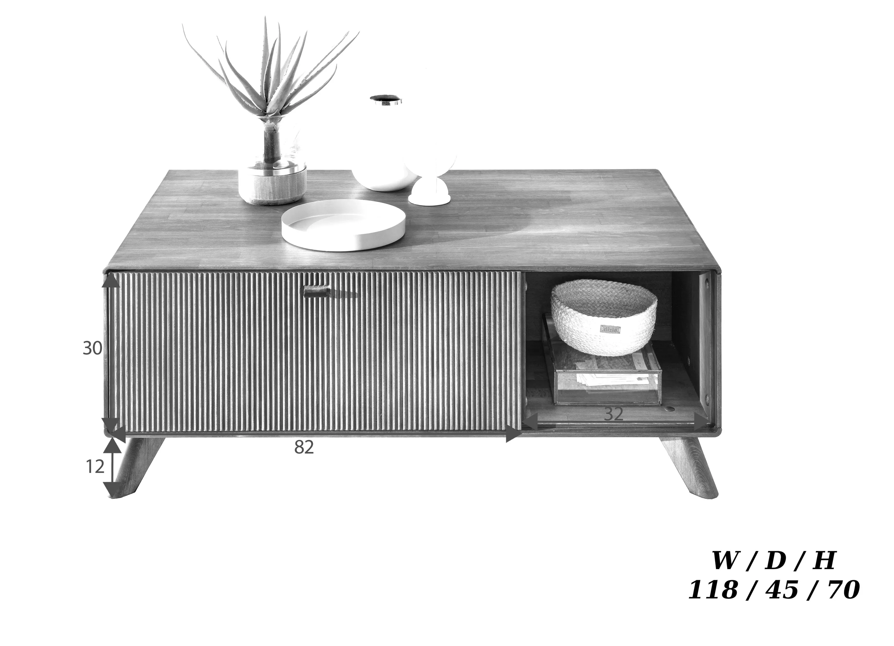 Stolik drewniany ryflowany BLISS 118x70 z półką i szafką - GK_103624130102