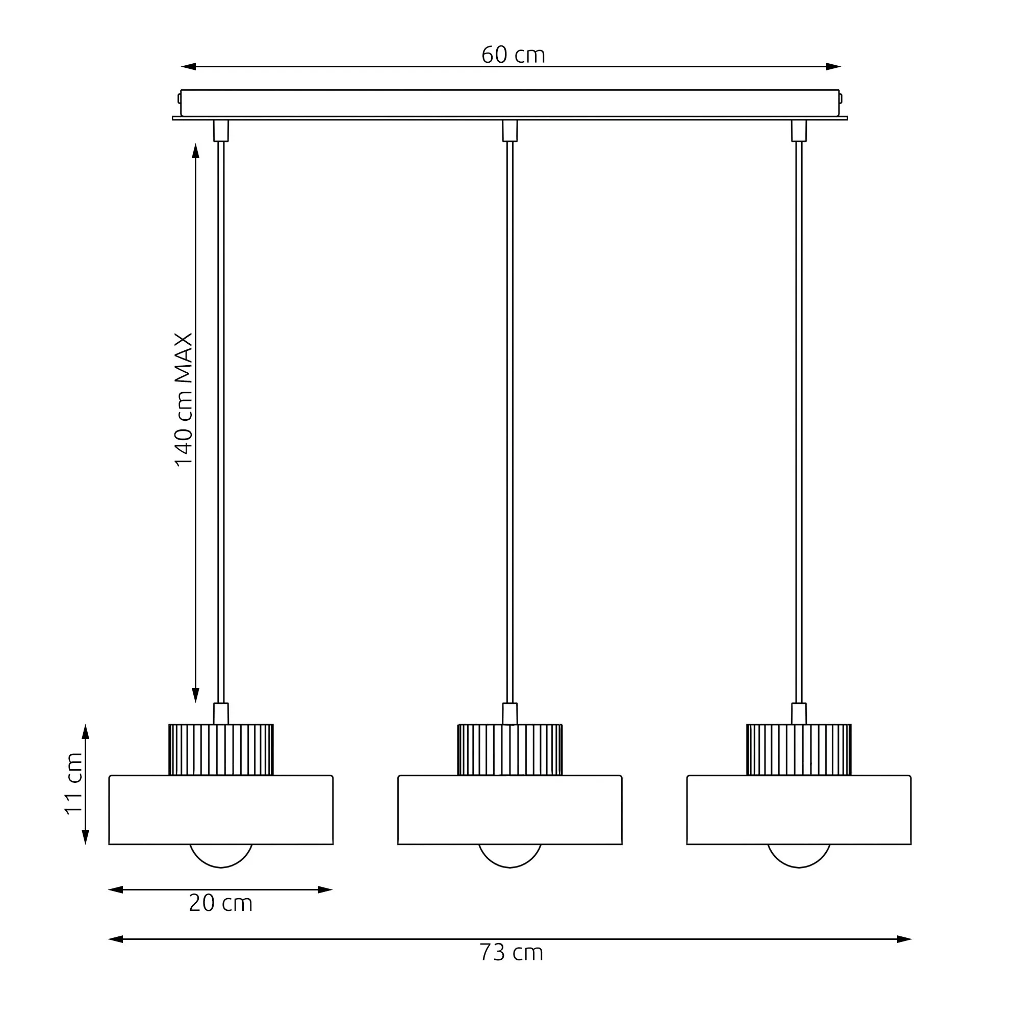 image lampa wisząca, trzy lampy, płyta 60 cm, szklany kufer, konstrukcja sufitowa