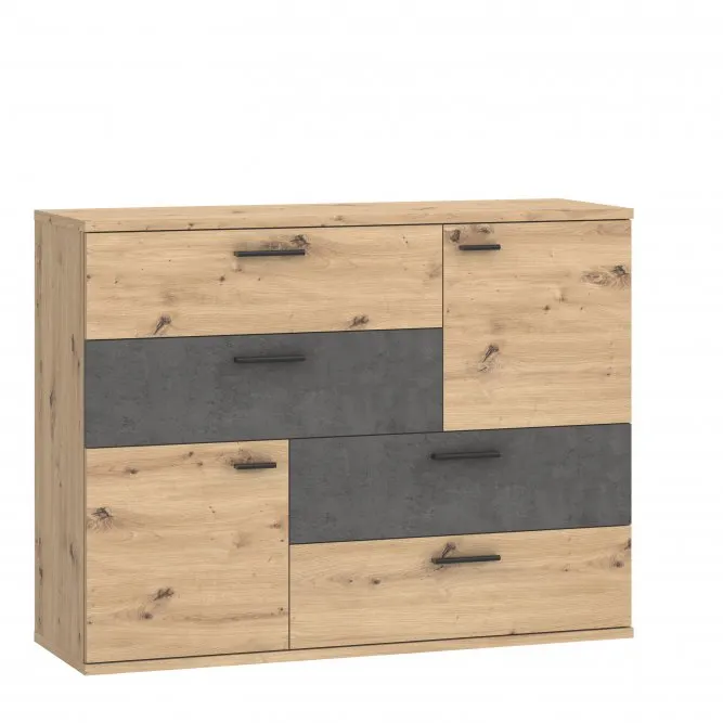 Komoda SKIVE 2-drzwiowa z 4 szufladami - dąb artisan, efekt betonu