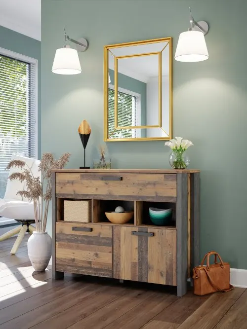 Komoda CLIF 2-drzwiowa z szufladą i wnękami - old wood vintage, beton - CLFK223-C546