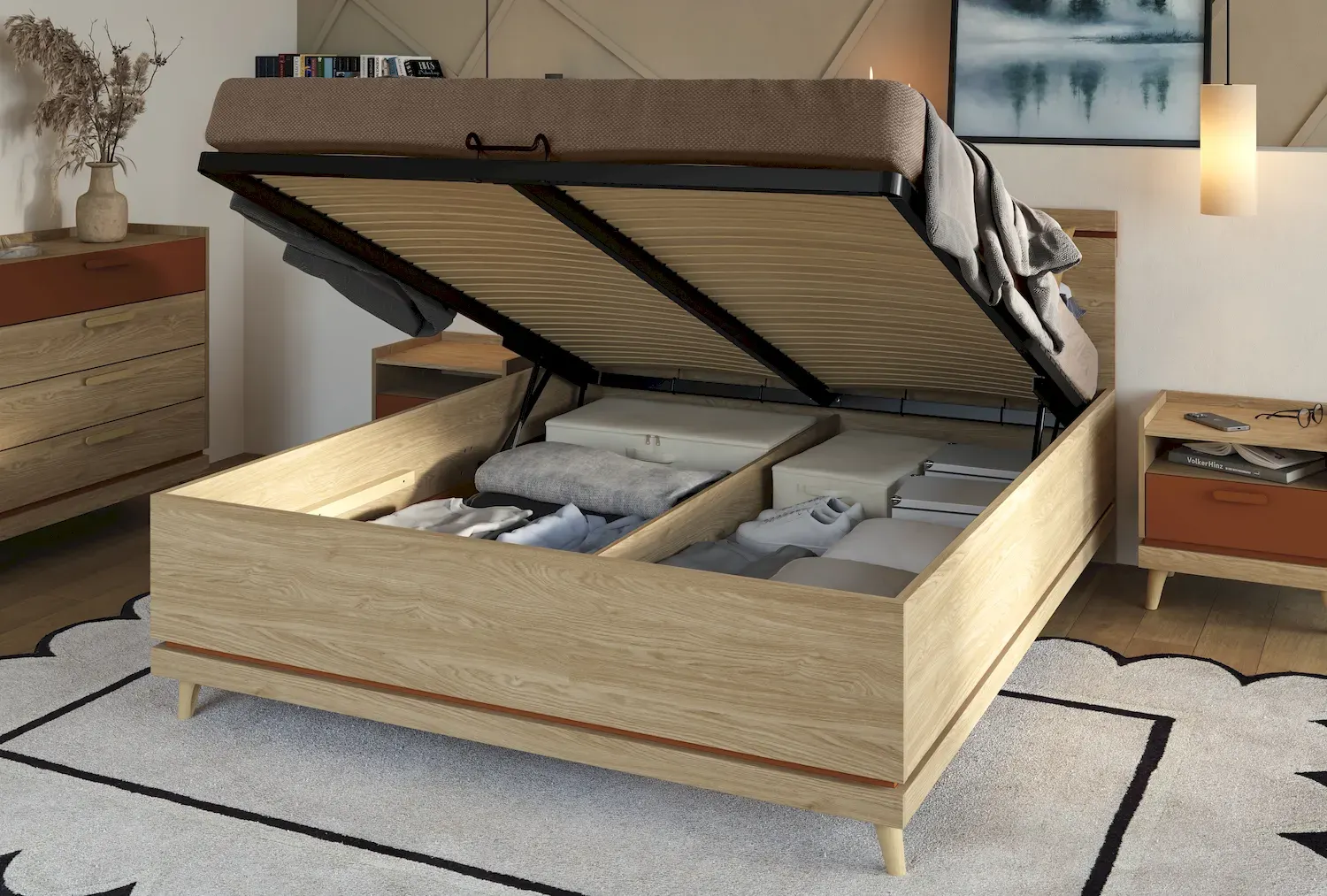 Łóżko z pojemnikiem SCANDI 52 180cm dąb ceglany - 24D5OH52