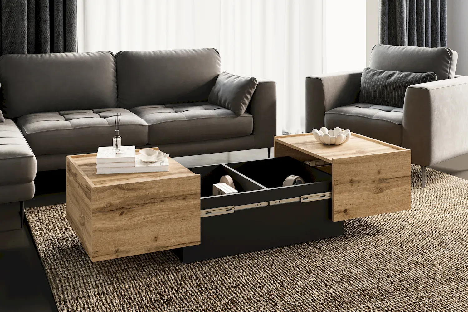 Stolik kawowy rozsuwany EKO 96 ze schowkiem dab wotan czarny - 24N6MJ96