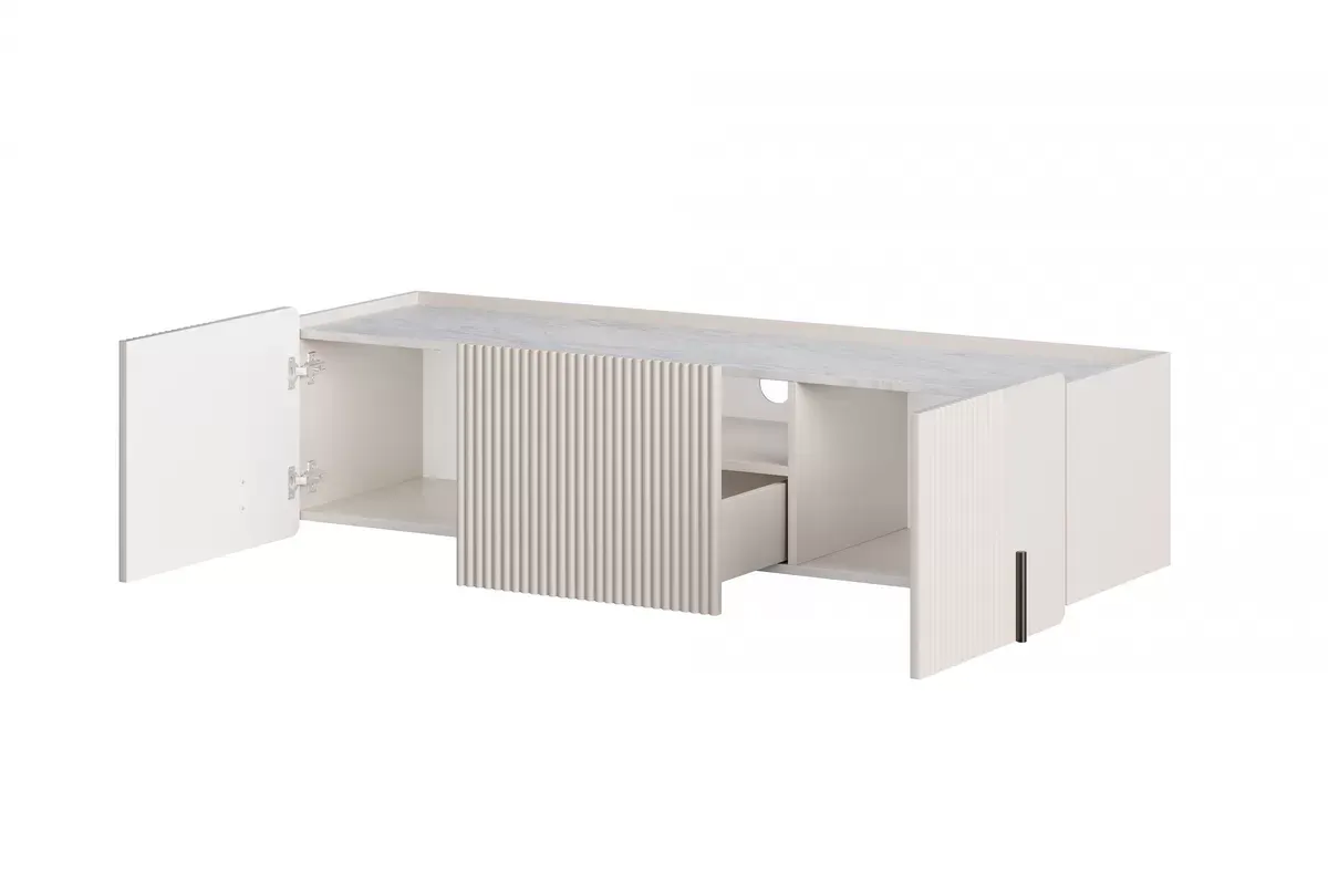 MALMI Szafka RTV 150 2D1SZ - cashmere / crema bianca / wisząca / czarne uchwyty - B_162319