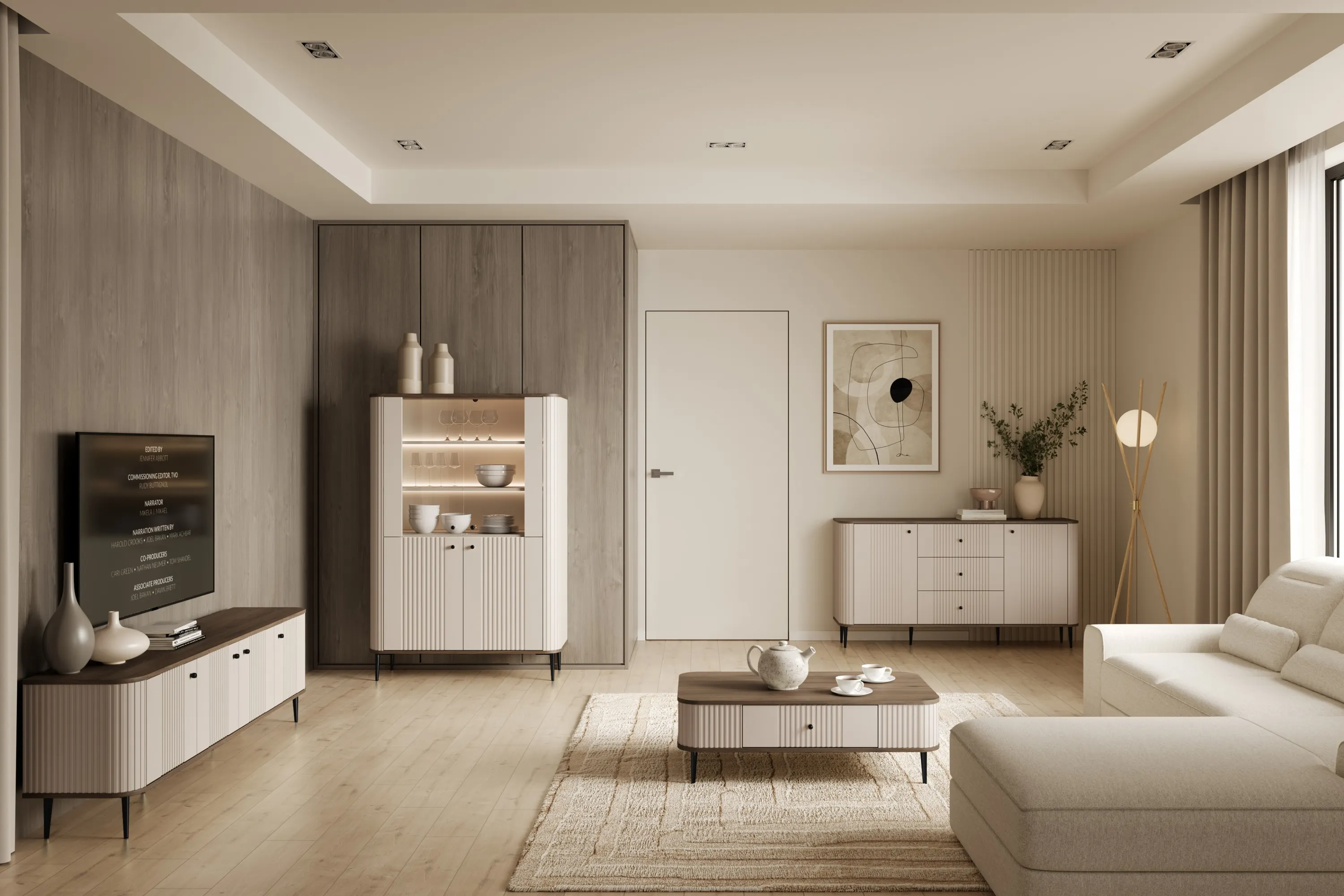 Witryna 4-drzwiowa z oświetleniem VESPER 103 ryflowany front cashmere orzech czarne nogi - B_167224