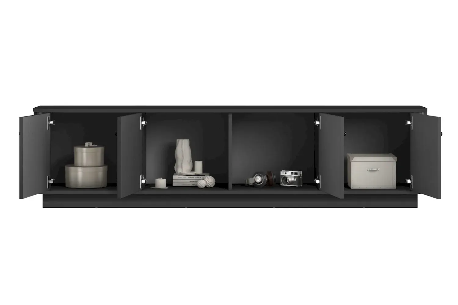 Szafka RTV 4-drzwiowa VESPER ryflowany front - czarny czarne uchwyty cokół - B_169458