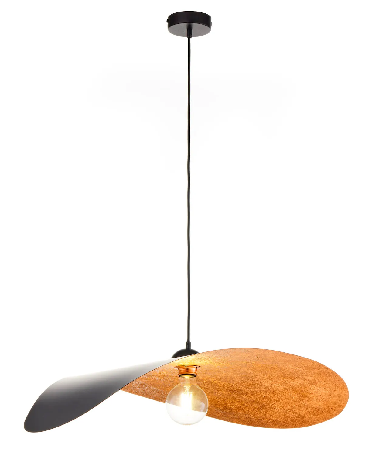 image lampa wisząca, półkula, drewniane skrzydła, czarna linia, żarówka E27