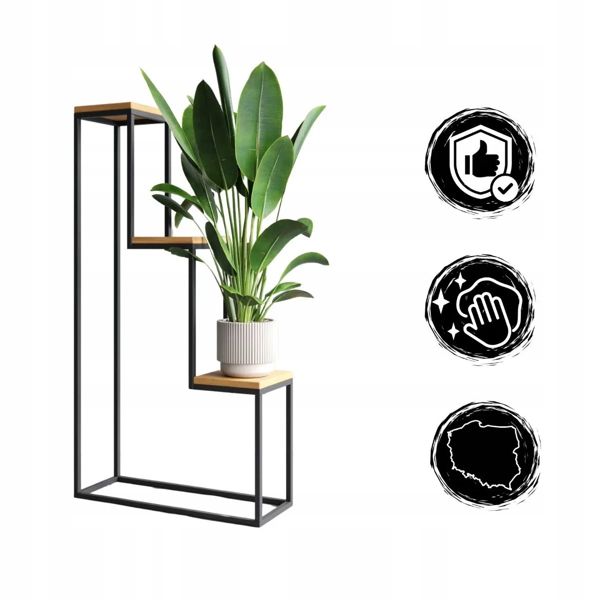 Kwietnik stojący 3-poziomowy NICEA L metal drewno czarny naturalny - LD_TZ000050