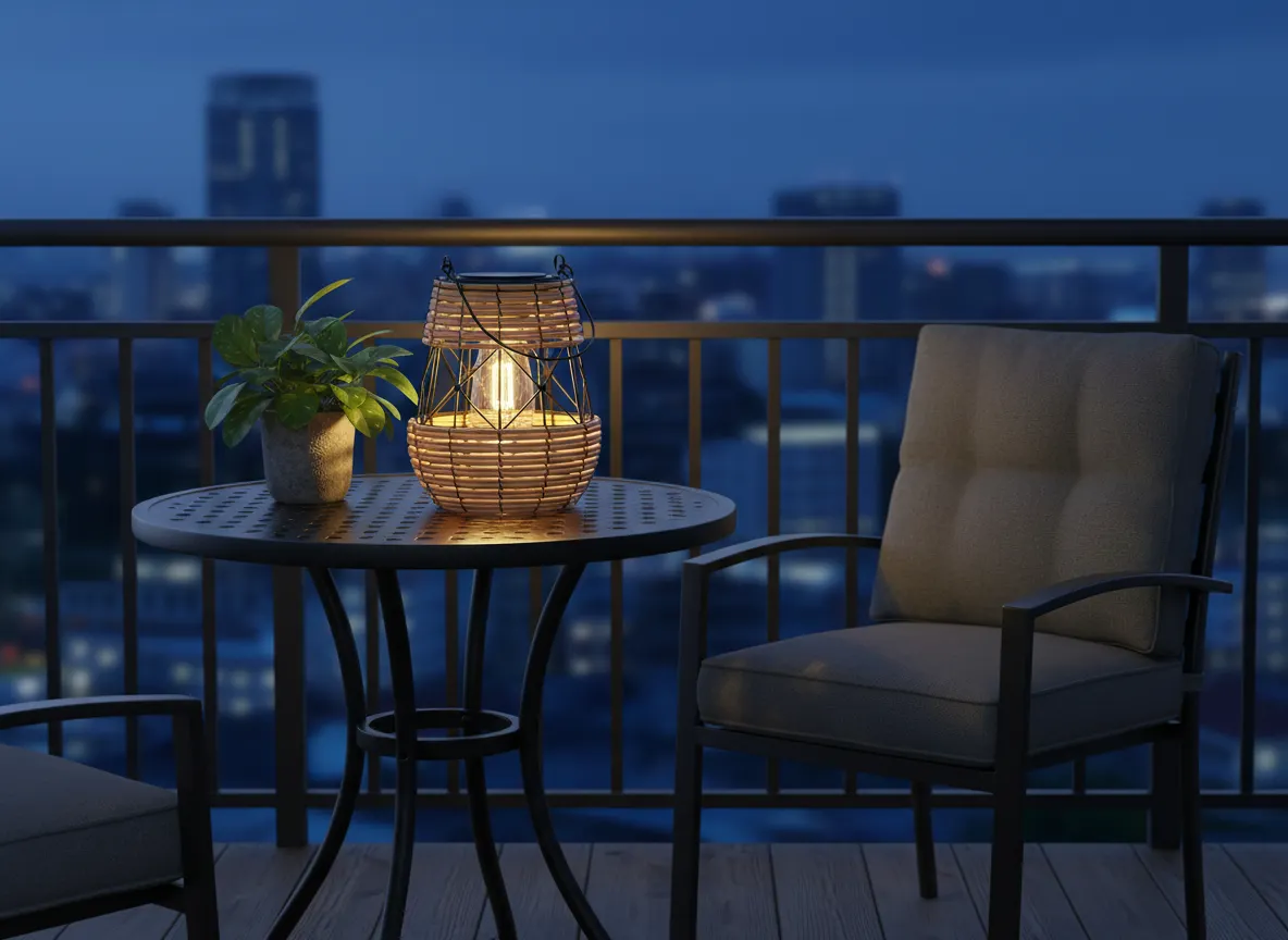 image balcony, table, lantern, potted-plant, chair