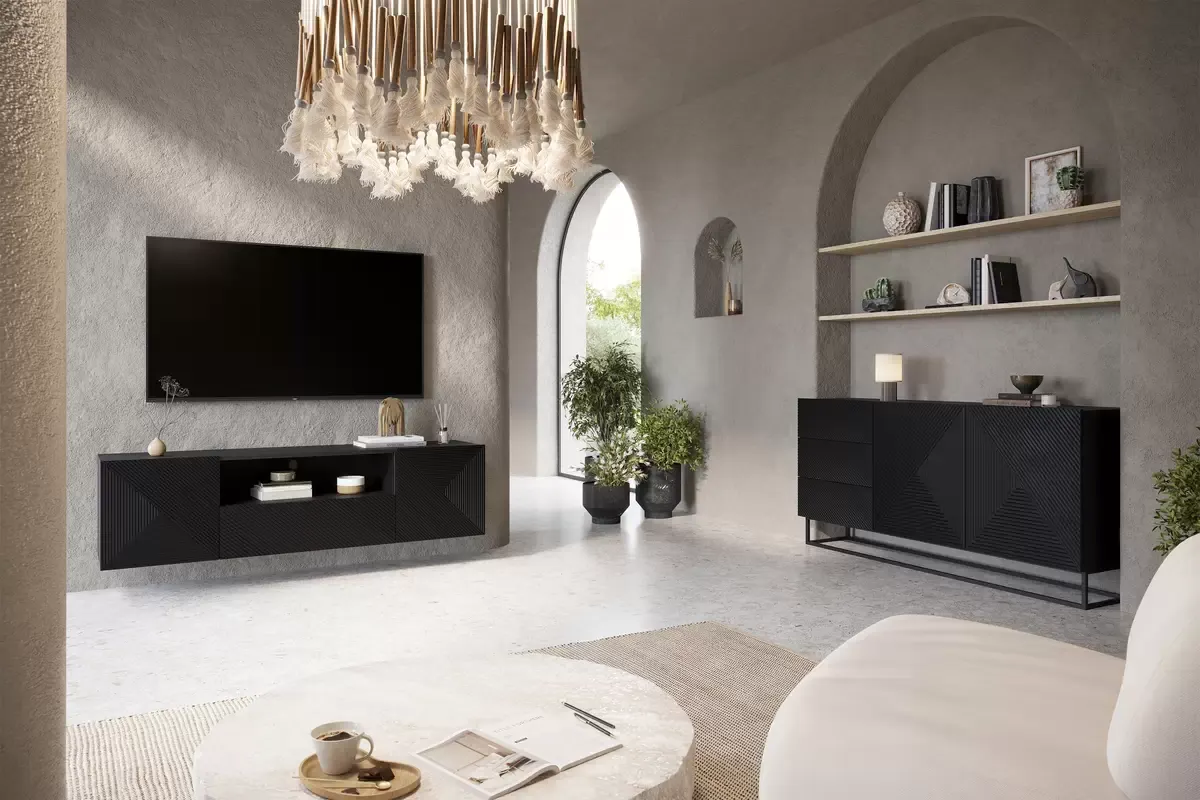 Szafka RTV ASHA 167 - czarny mat - ryflowany front - wisząca - B_51423